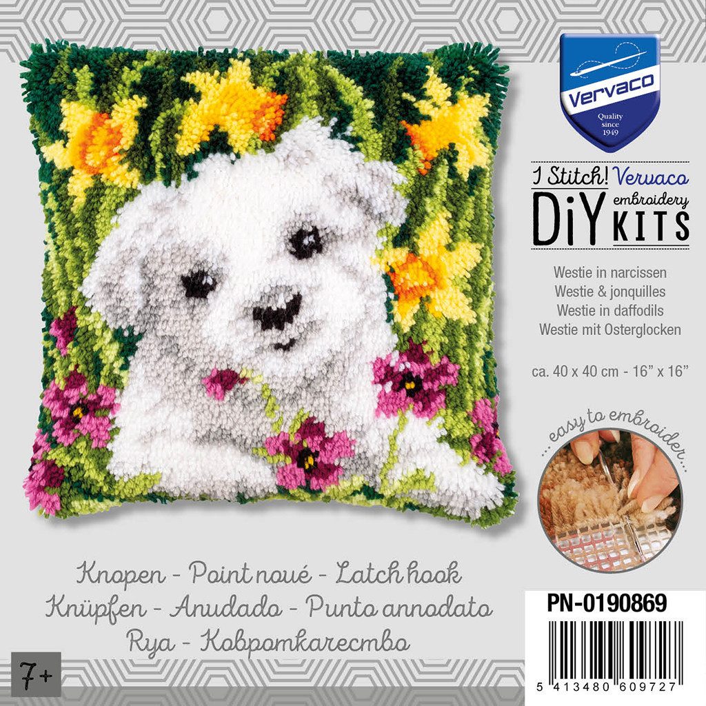 Vervaco Kreativset Vervaco PN-0190869 Knüpfkissen Westie mit Osterglocken, (Set, Vervaco embroidery Kit), Made in Europe