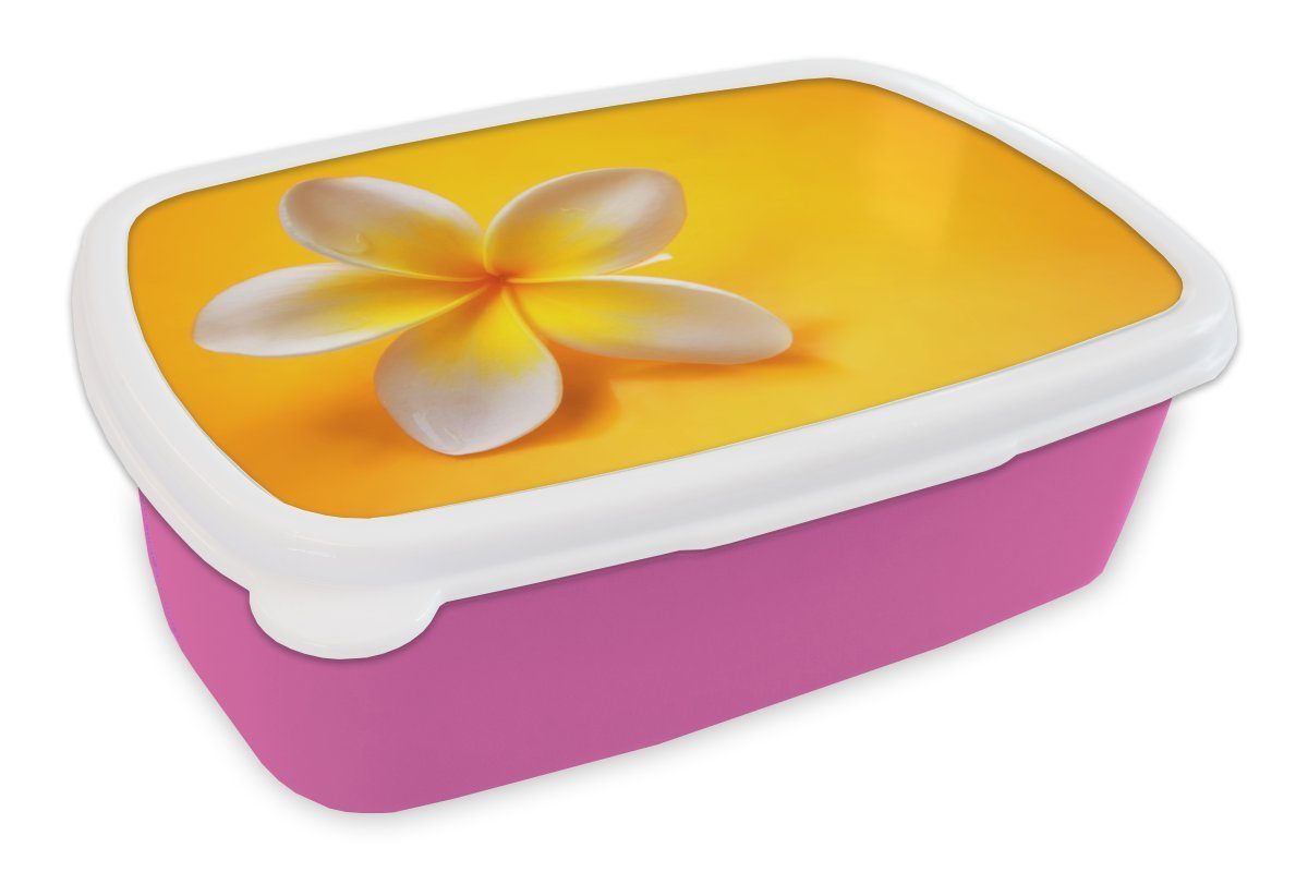 MuchoWow Lunchbox Gelbe Frangipani auf gelbem Hintergrund, Kunststoff, (2-tlg), Brotbox für Erwachsene, Brotdose Kinder, Snackbox, Mädchen, Kunststoff rosa