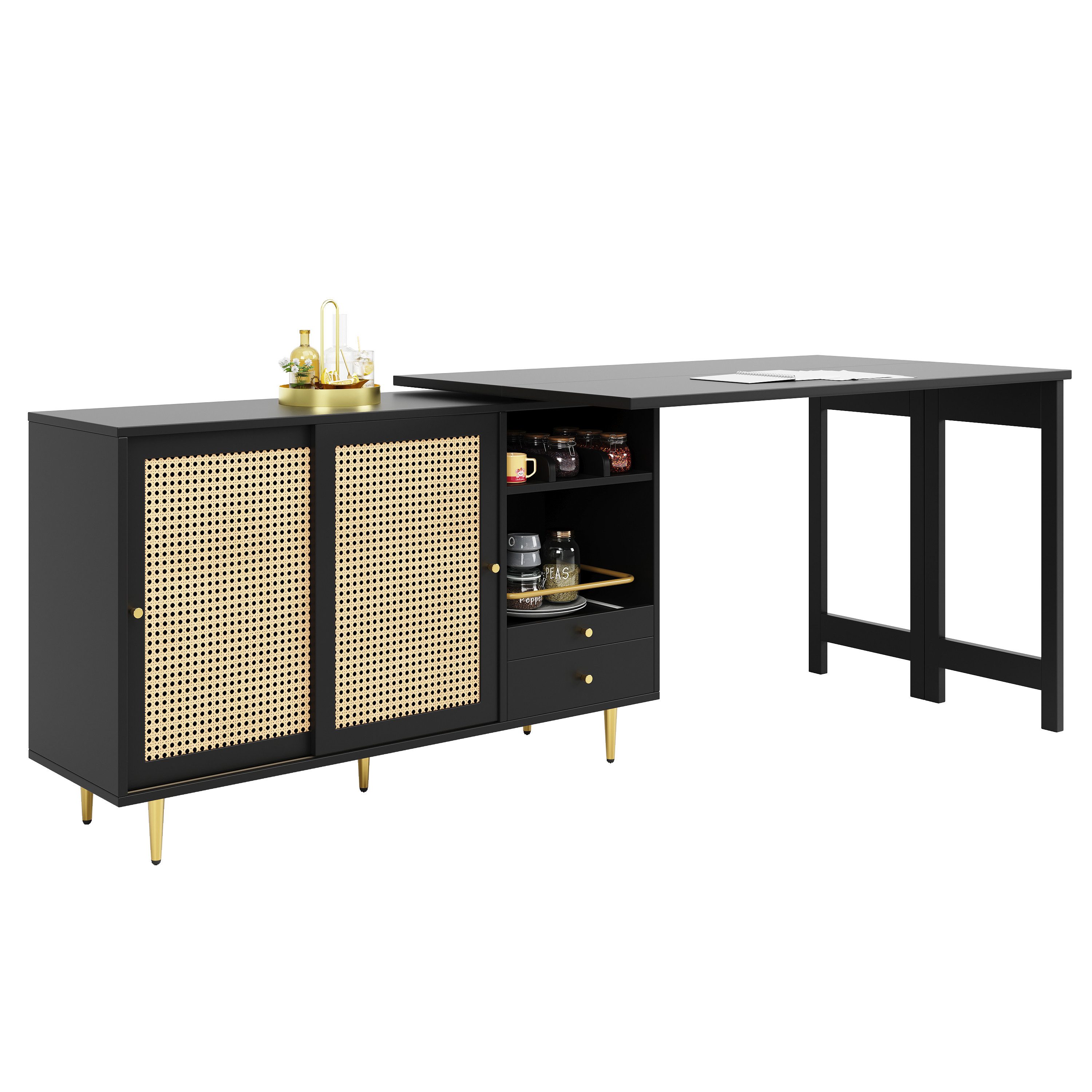 i@home Stehtisch Um 360° drehbarer, Aufbewahrungsschrank mit Rattantür (Bis 60 kg belastbar, geeignet für Küche und Esszimmer), schwarzer ausziehbarer Design-Stehtisch, 107 x 40 x 71,4 cm
