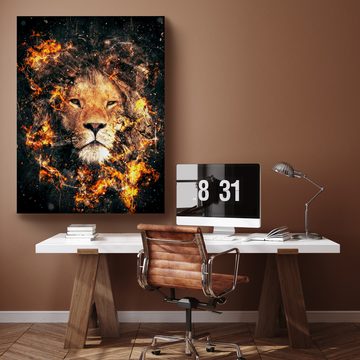 wandmotiv24 Leinwandbild Löwen, Hochformat, Löwe in Feuer & Flamme, Tiere (1 St), Wandbild, Wanddeko, Leinwandbilder in versch. Größen