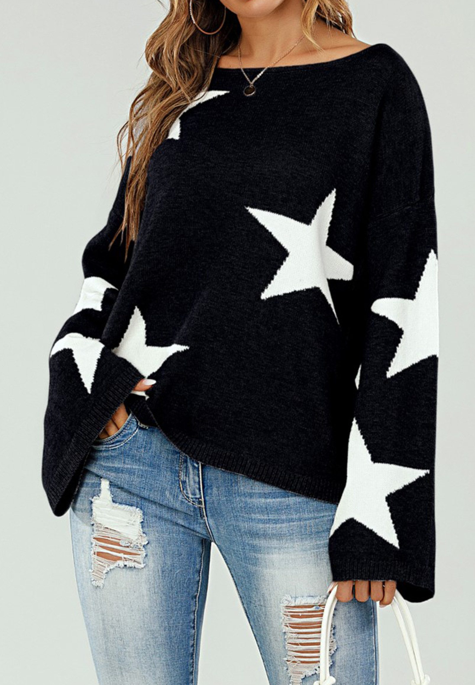 FS Collection Strickpullover Oversize Pullover mit weiten Ärmeln und Stern – Strickwaren (Einheitsgröße: UK 8–12 / EU 36–40, 5 Farben : Grau, Schwarz, Creme, Rot, Dunkelgrün) 100 % Acryl