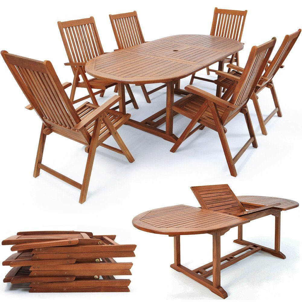 Casaria Sitzgruppe, Holz 6 Stühle mit Tisch Wetterfest FSC®-zertifiziert Schirmständer
