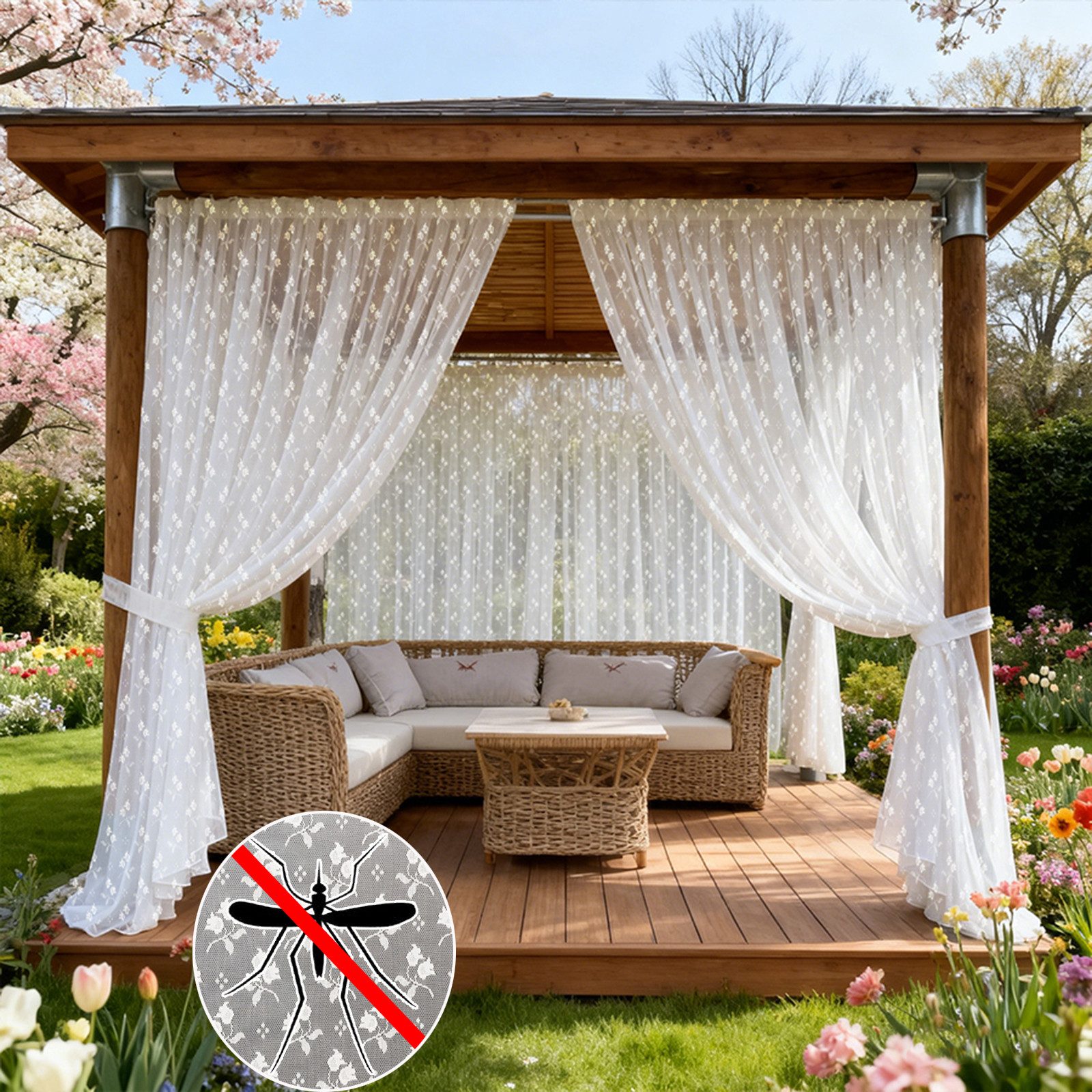 Sunicol Vorhang Floraler Outdoor Vorhang, Moskitonetz mit Kederband, Blumenmuster (1 St), Mesh-Gardine für Nsektenschutz Pavillon, Terrasse, Balkon