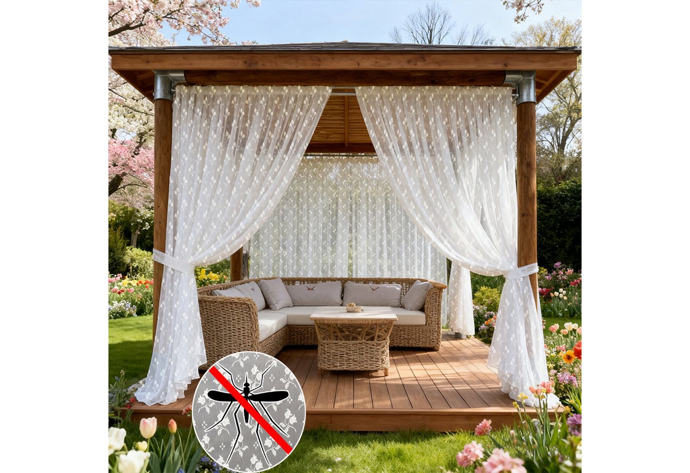 Sunicol Vorhang Floraler Outdoor Vorhang, Moskitonetz mit Kederband, Blumenmuster (1 St), Mesh-Gardine für Nsektenschutz Pavillon, Terrasse, Balkon