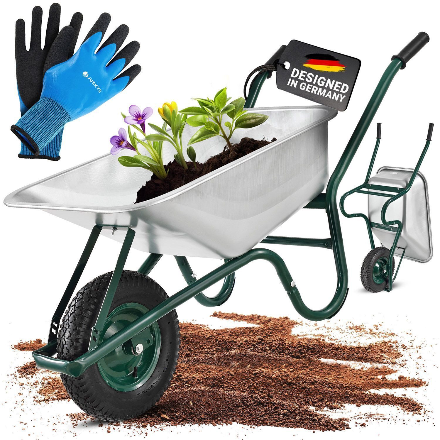 Juskys Schubkarre Garden, 100L, bis 250 kg, Luftreifen, verzinkte Wanne, inkl. Handschuhe