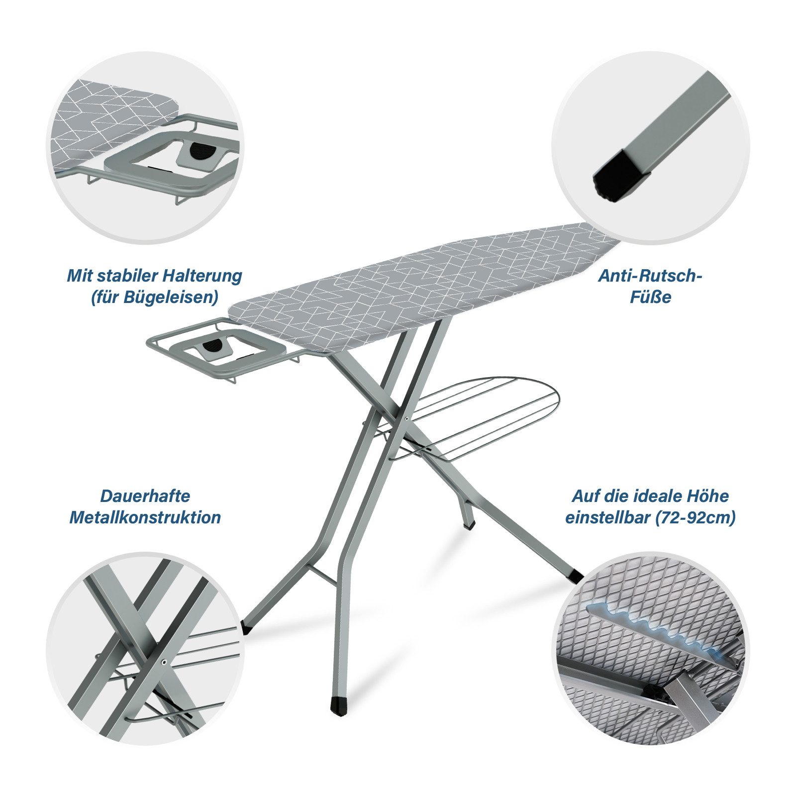 DEWINNER Bügelbrett XXL 120 × 45 cm klappbar höhenverstellbar, Bügelfläche 45x120 cm, Sicherheitsverschluss, Ablage f. Dampfbügeleisen – Bild 5 von 5