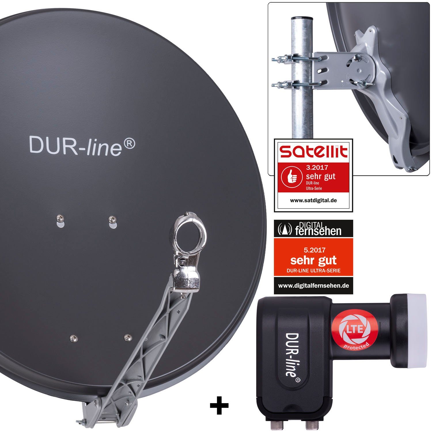DUR-line 2 Teilnehmer Set - Qualitäts-Alu-Satelliten-Komplettanlage - Sat-Spiegel