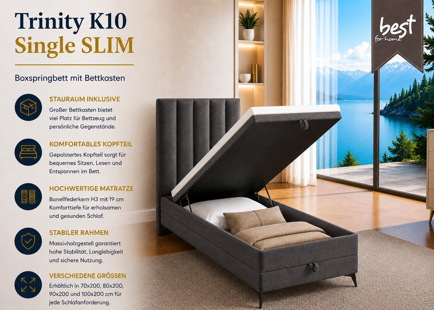Best for Home Boxspringbett K10 Single SLIM mit Bettkasten & Bonellfederkernmatratze, Topper H3 (Einzelbett, Polsterbett, Kinderbett, Juniorbett, Hotelbett, 70x – Bild 2 von 5