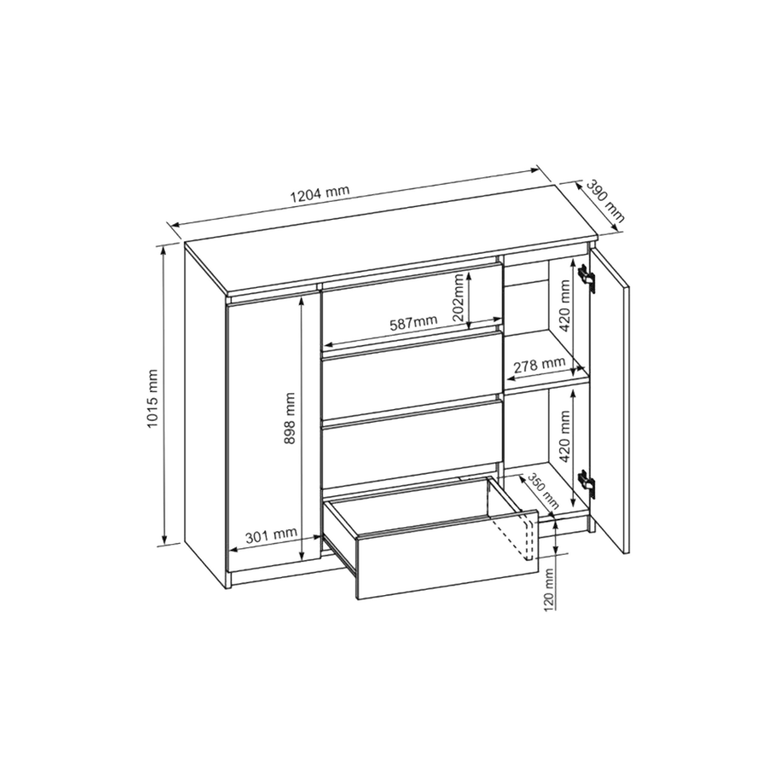 Masseno Kommode NUDO 120 cm Sideboard mit 4 Schubladen und 2 Türen Eiche Sonoma – Bild 2 von 5