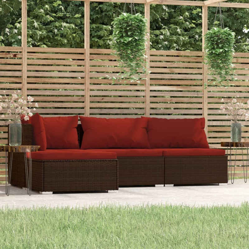 vidaXL Gartenlounge-Set 4-tlg. Garten-Lounge-Set mit Kissen Braun Poly Rattan, (1-tlg)