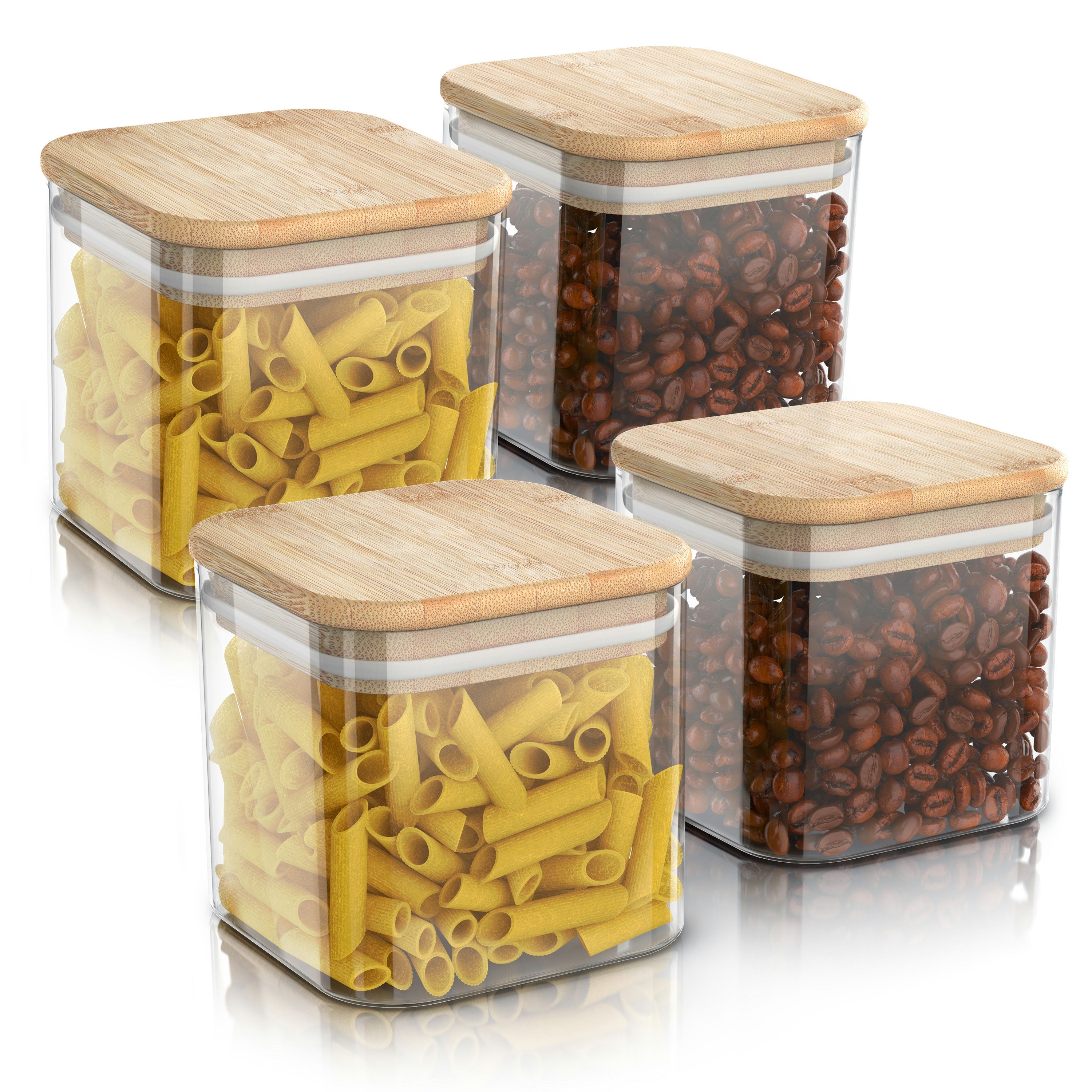 Arendo Aufbewahrungsbecher Glasbehälter-Set 4x 0,8L Borosilikatglas mit Bambusdeckel, luftdicht, Borosilikatglas, Bambus, Silikon, (Vorratsbehälter-Set, 4-tlg., 4er Set), Hitzebeständig, umweltfreundlich, langlebig, mikrowellengeeignet