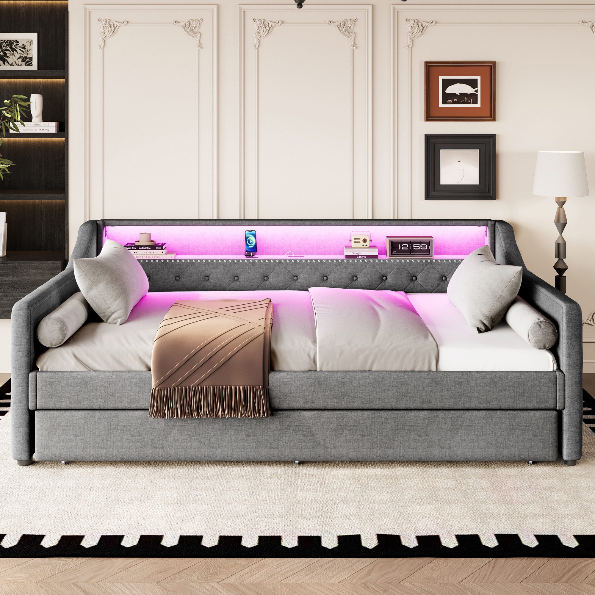 SOFTWEARY Schlafsofa mit LED-Beleuchtung, 90x200cm, mit Ausziehbett, Polsterbett mit Lattenrost, Einzelbett, Jugendbett, Bezug aus Leinen