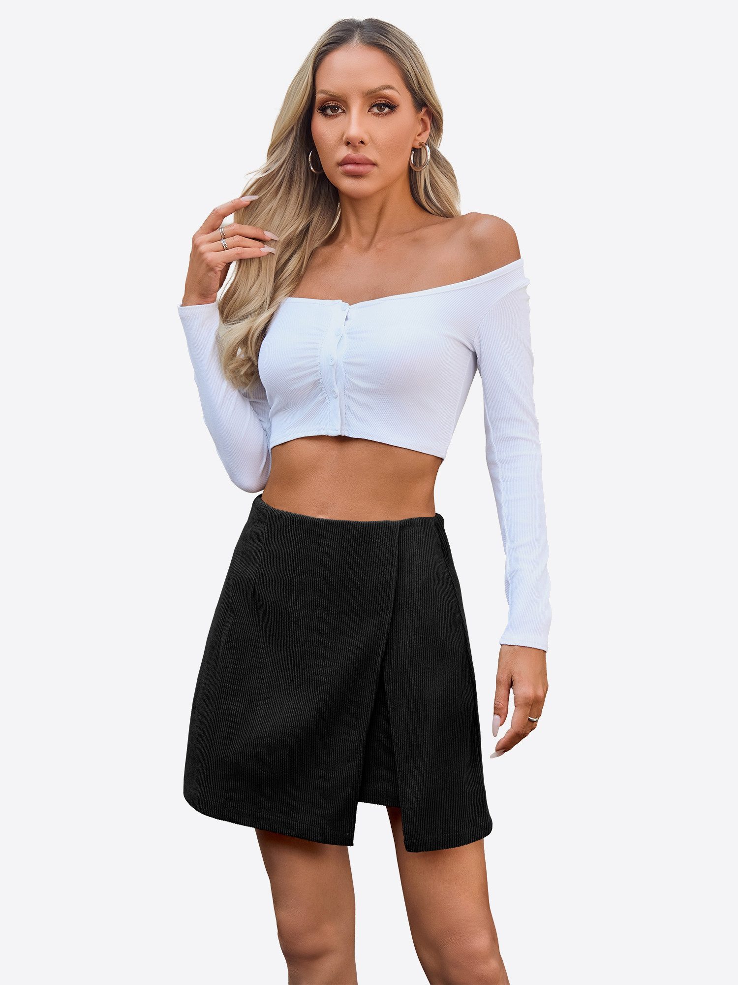 Imily Bela Cordrock Damen Minirock High-Waist seitlicher Schlitz A-förmig figurbetonend (Packung, 1-tlg., 1per-Pack) in Unifarbe Reißverschluss – Bild 4 von 5