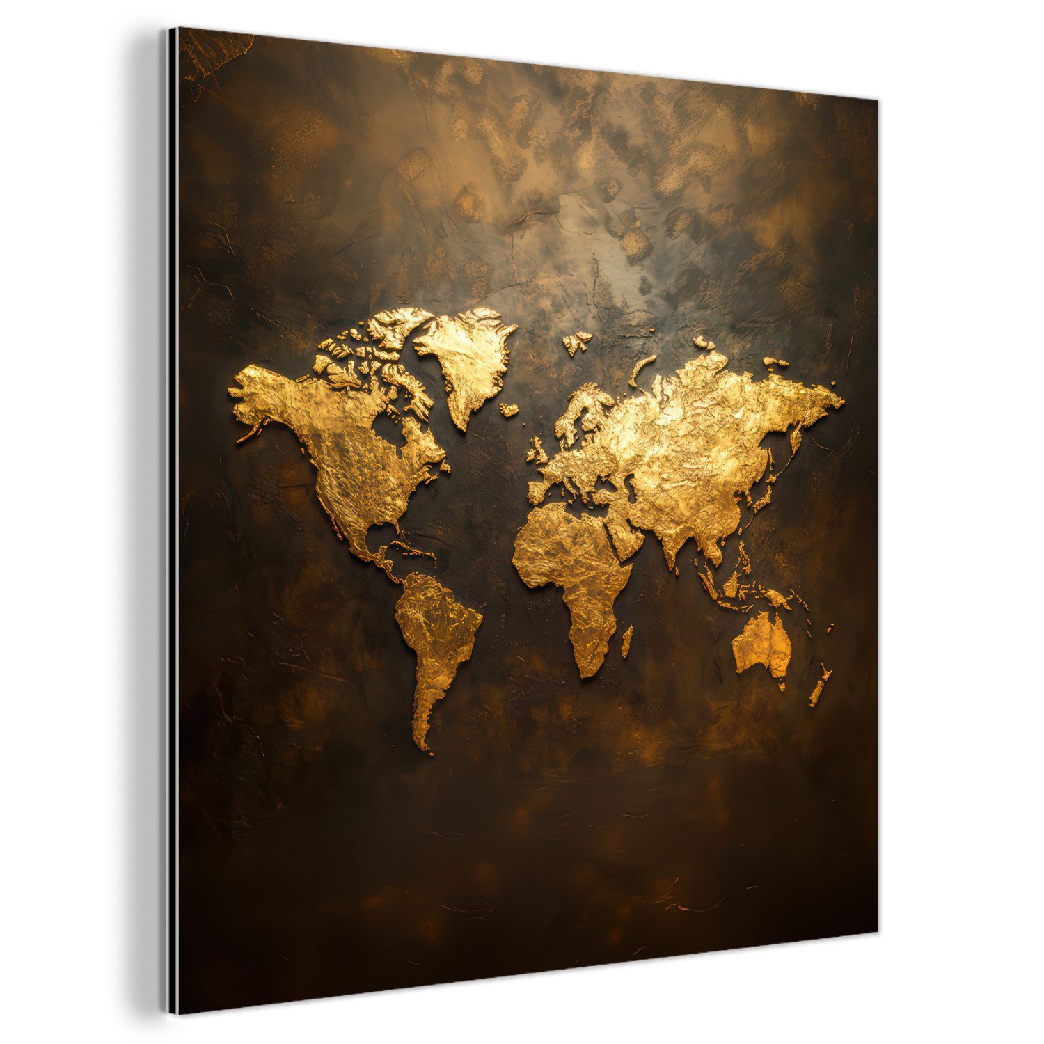 MuchoWow Metallbild Weltkarte - Gold - Rost, Inkl. Aufhängung, Alu-Dibond-Druck, Wandbild aus Metall, Aluminium deko, 20x20 cm