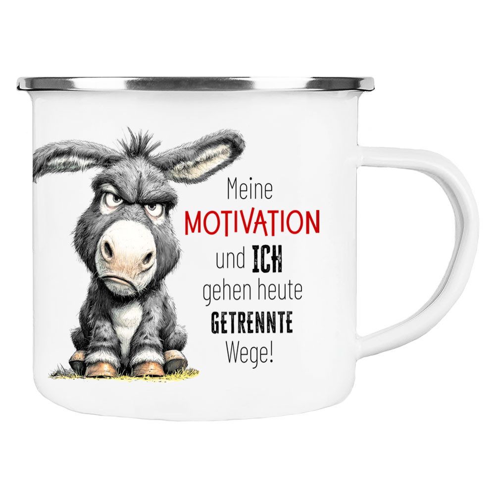 Cadouri Tasse Emaille Tasse MEINE MOTIVATION UND ICH Kaffeetasse, Metall, Outdoortasse, Campingbecher Edelstahl, handgefertigt, Geschenk, 300 ml