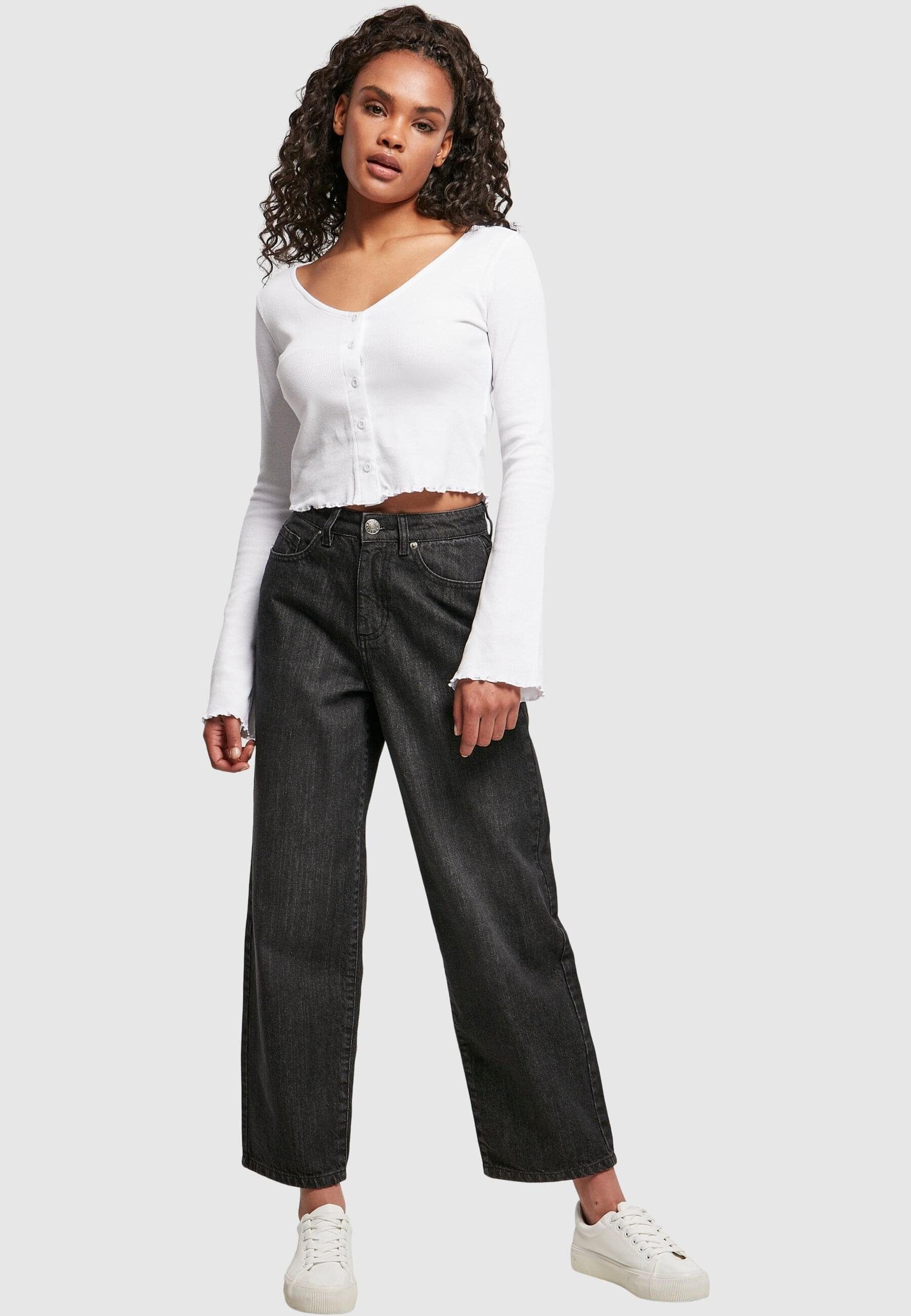 URBAN Ladies white (1-tlg) Damen CLASSICS Rib Cropped Langarmshirt Cardigan