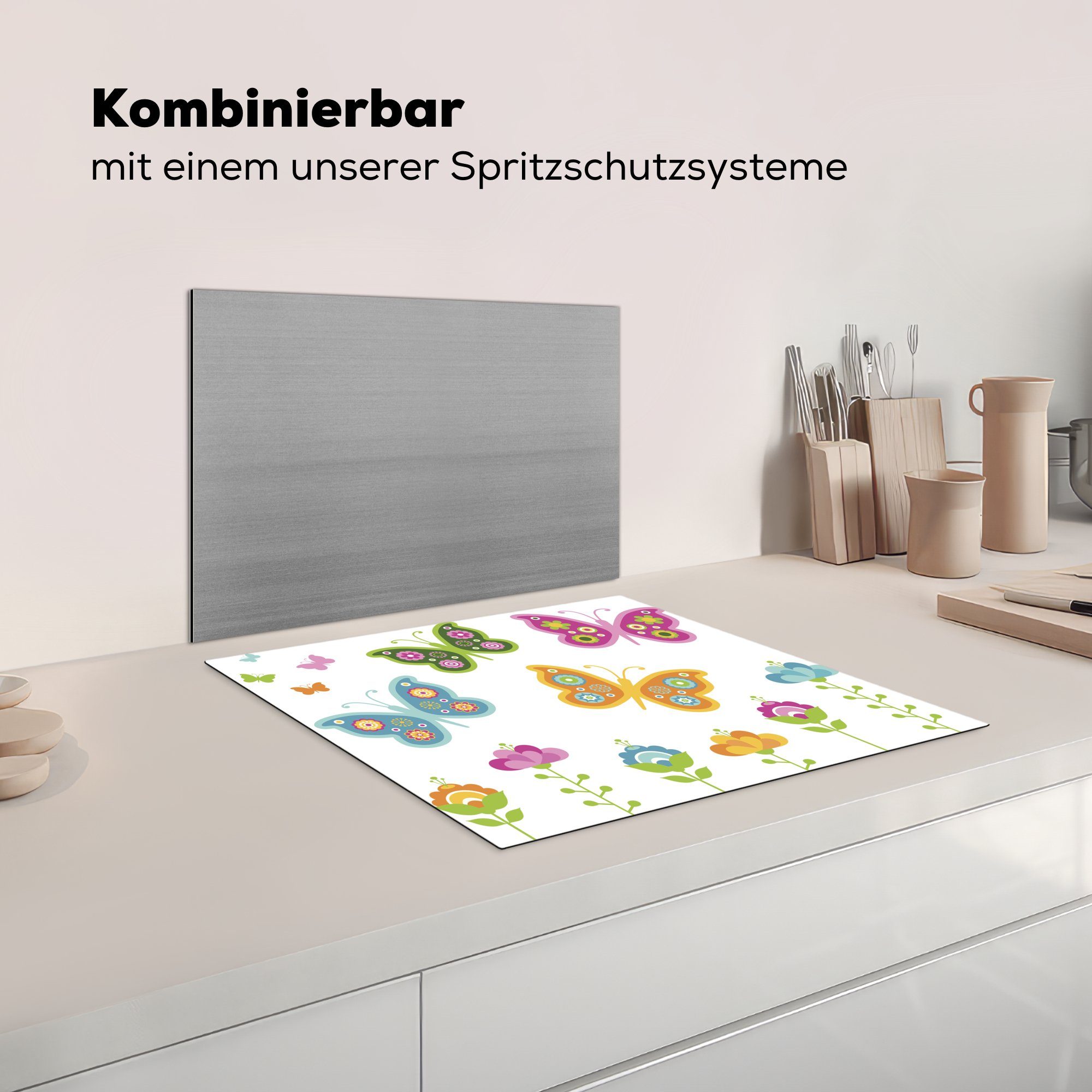 60x52 von Mobile cm, nutzbar, Ceranfeldabdeckung Vinyl, Eine Schmetterlingen Arbeitsfläche in Herdblende-/Abdeckplatte tlg), MuchoWow (1 Garten, einem Illustration