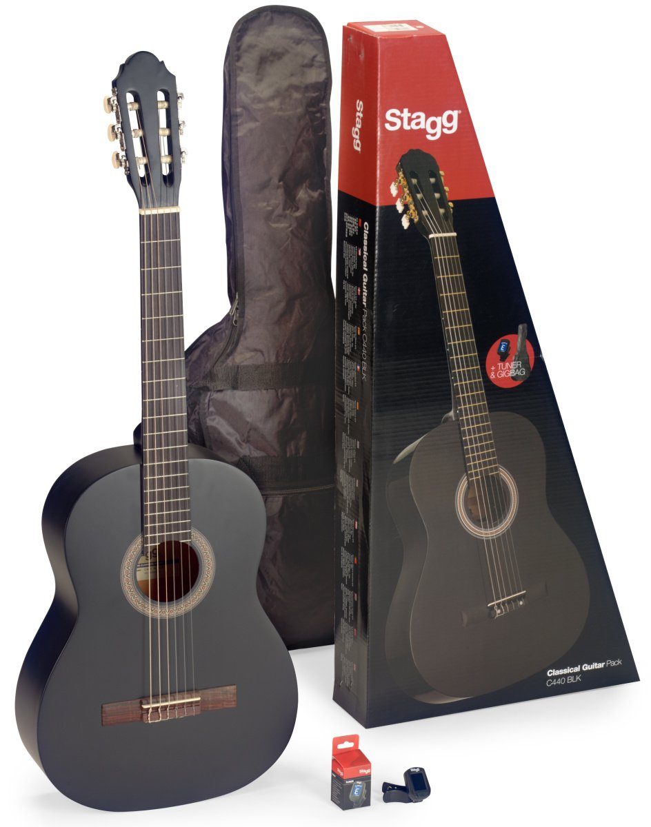Stagg Konzertgitarre C440 M BLK PACK 4/4 Konzertgitarre schwarz matt klassische Gitarre ...