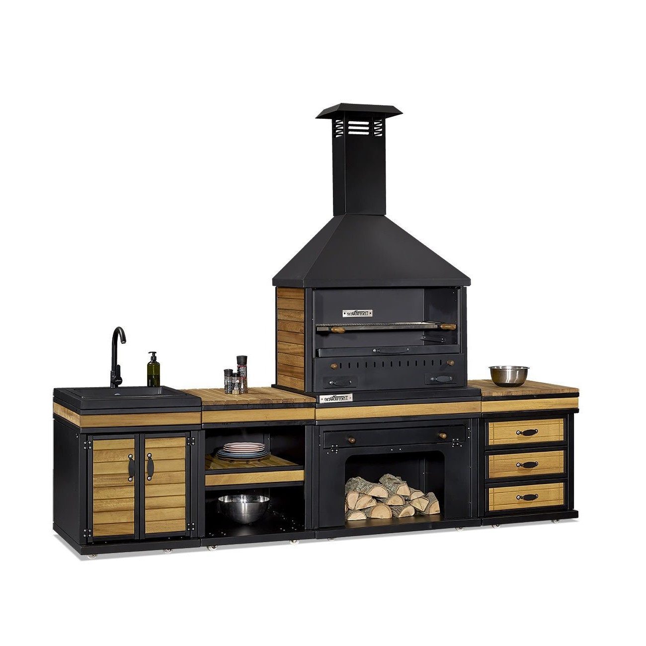 Xlmoebel Outdoor-Küche XLMOEBEL Außenküche Schwarz Holz Edelstahl modern robust, Made in Europa