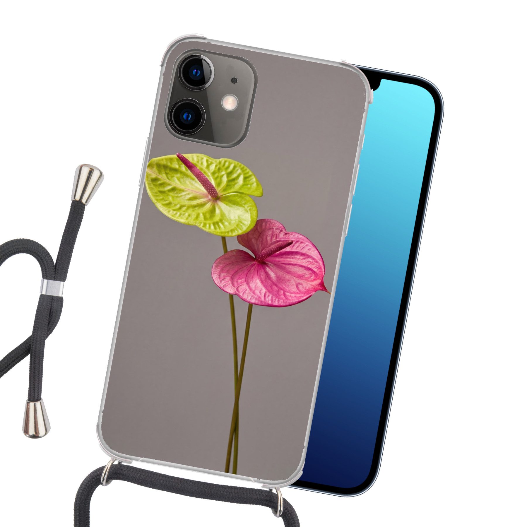 MuchoWow Handyhülle für Apple iPhone 11 Pflanzen - Anthurium - Grün - Rosa, Tragbare Handyhüllen mit Kette zum umhängen, Handykette Handyband