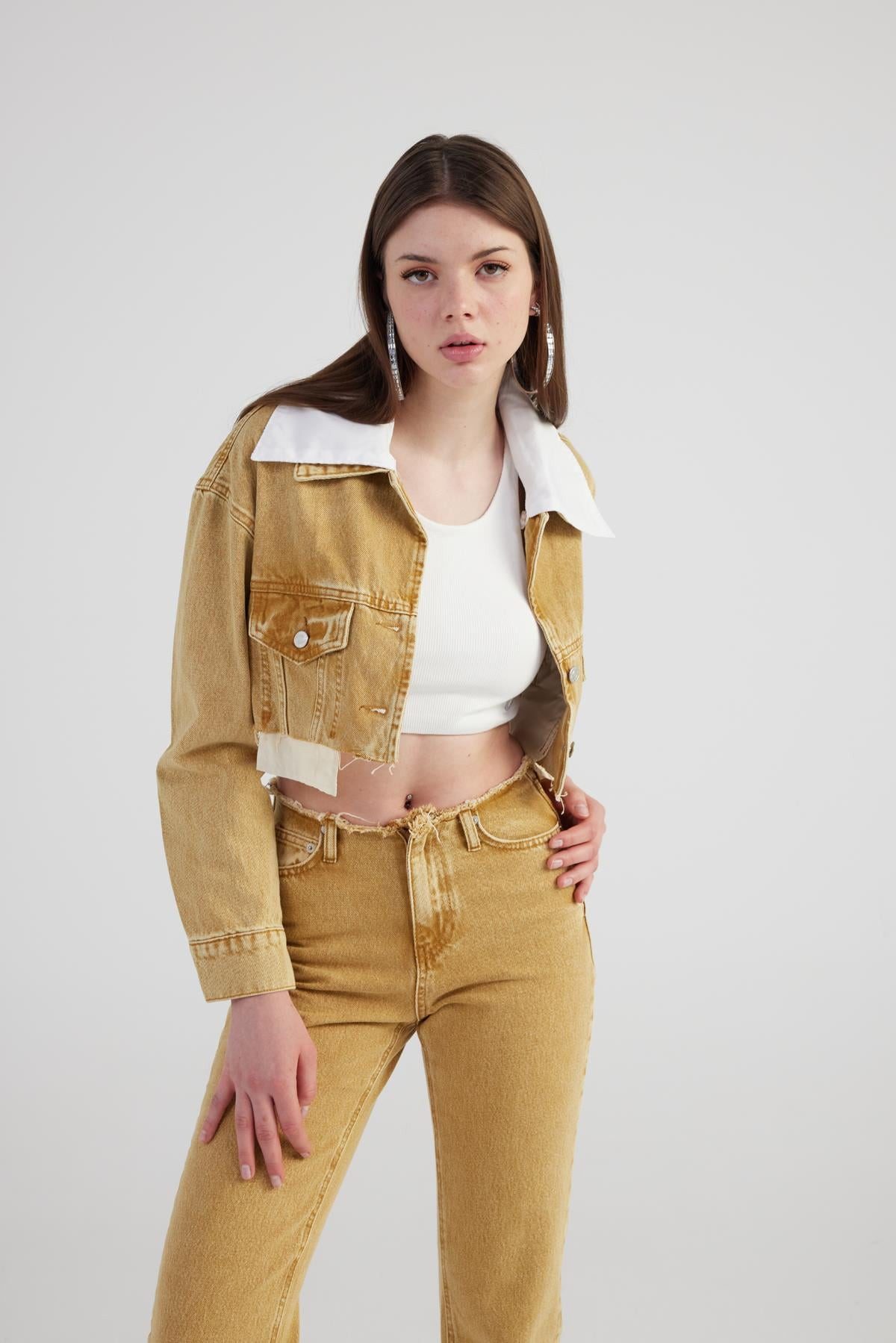 Windbreaker Marmorprint abnehmbarer Kragen Crop-Jacke