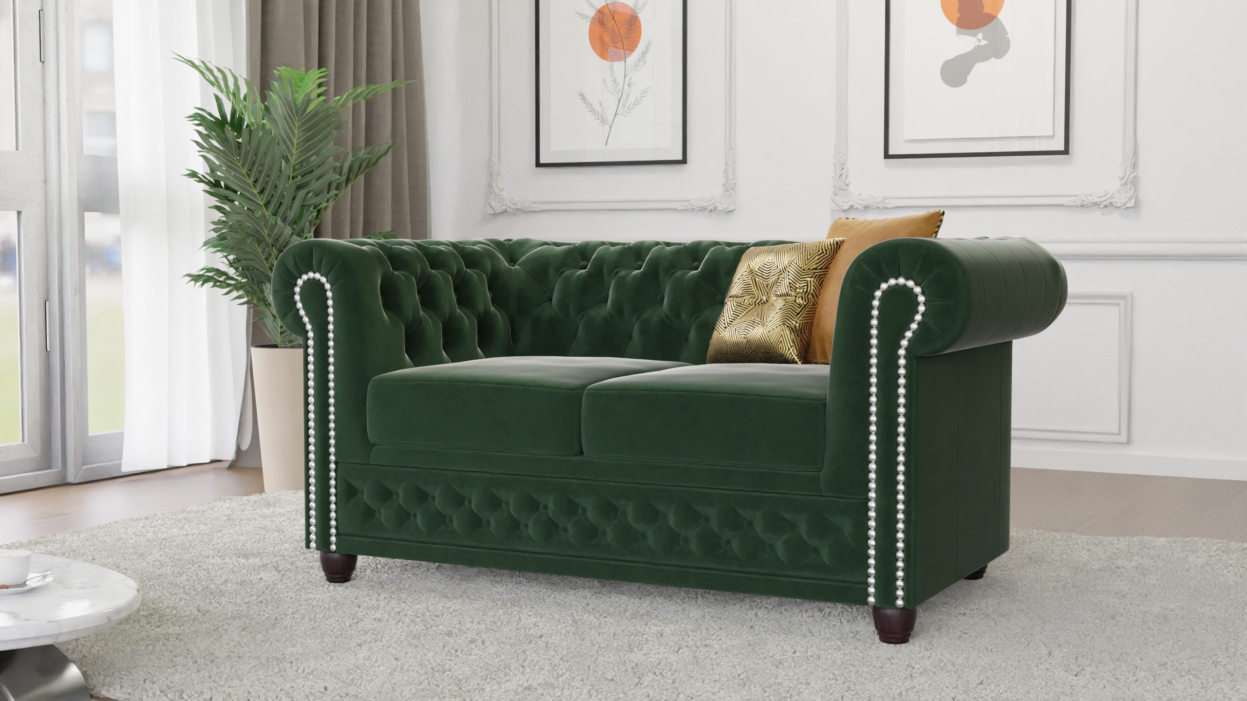 S-Style Möbel Chesterfield-Sofa Chesterfield Lena 2-Sitzer aus Samt-Stoff mit Holzfüßen, 2-Sitzer, mit Wellenfederung