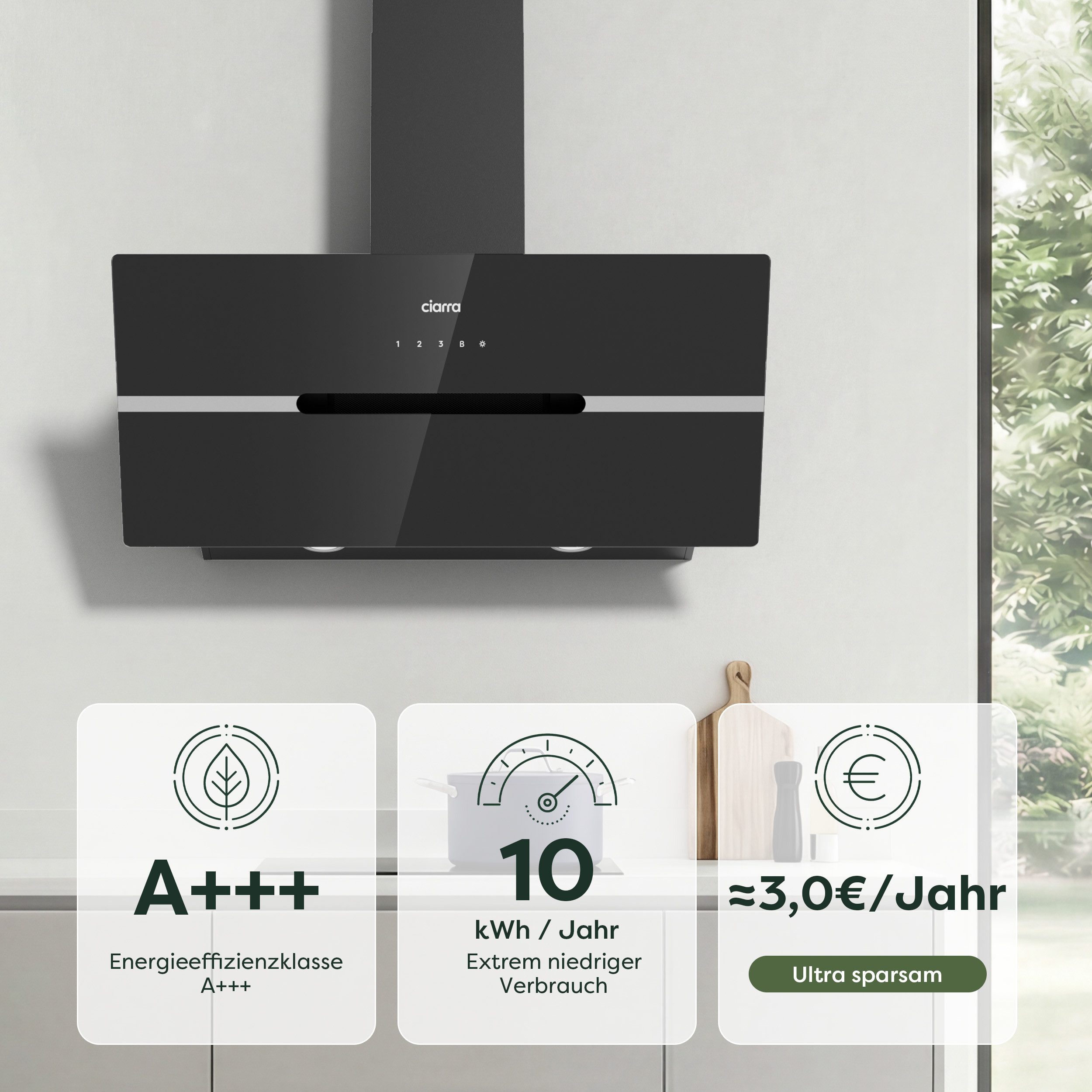 CIARRA Kopffreihaube 90 cm Dunstabzugshaube A+++ 683 m³/h starke Saugleistung LED VMB9736F Serie 4 Stufen Inkl. BOOST Leise Schräghaube WIFI-APP Touch Control Umluft & Abluft