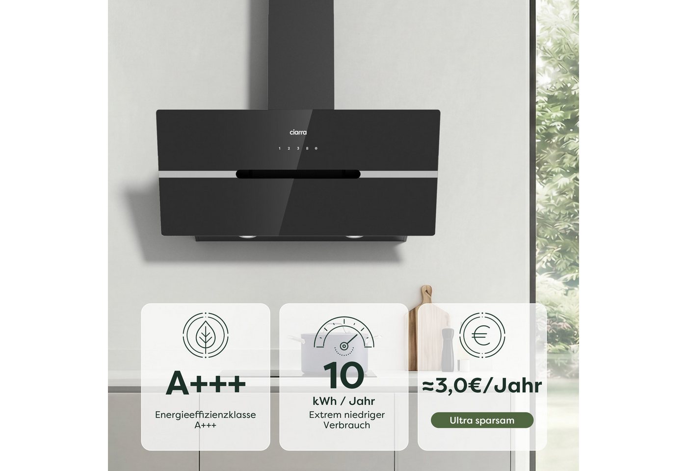 CIARRA Kopffreihaube 90 cm Dunstabzugshaube A+++ 683 m³/h starke Saugleistung LED VMB9736F Serie 4 Stufen Inkl. BOOST Leise Schräghaube WIFI-APP Touch Control Umluft & Abluft
