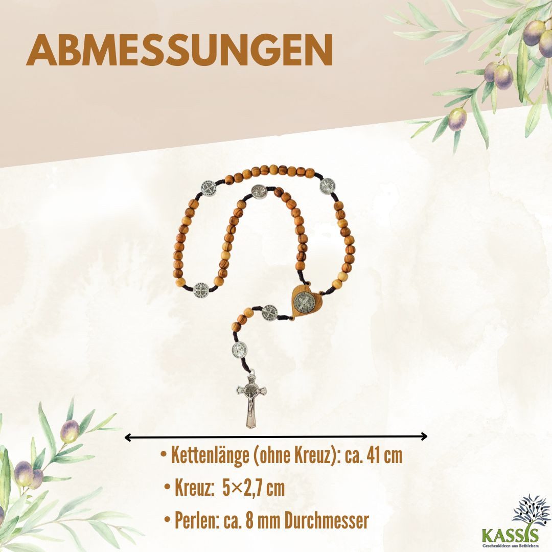 Kassis Geschenkartikel Kette ohne Anhänger St. Benedikt-Rosenkranz aus Olivenholz Gebetskette Talisman, handgefertigt in Bethlehem, Ideales Geschenk zu religiös – Bild 3 von 5