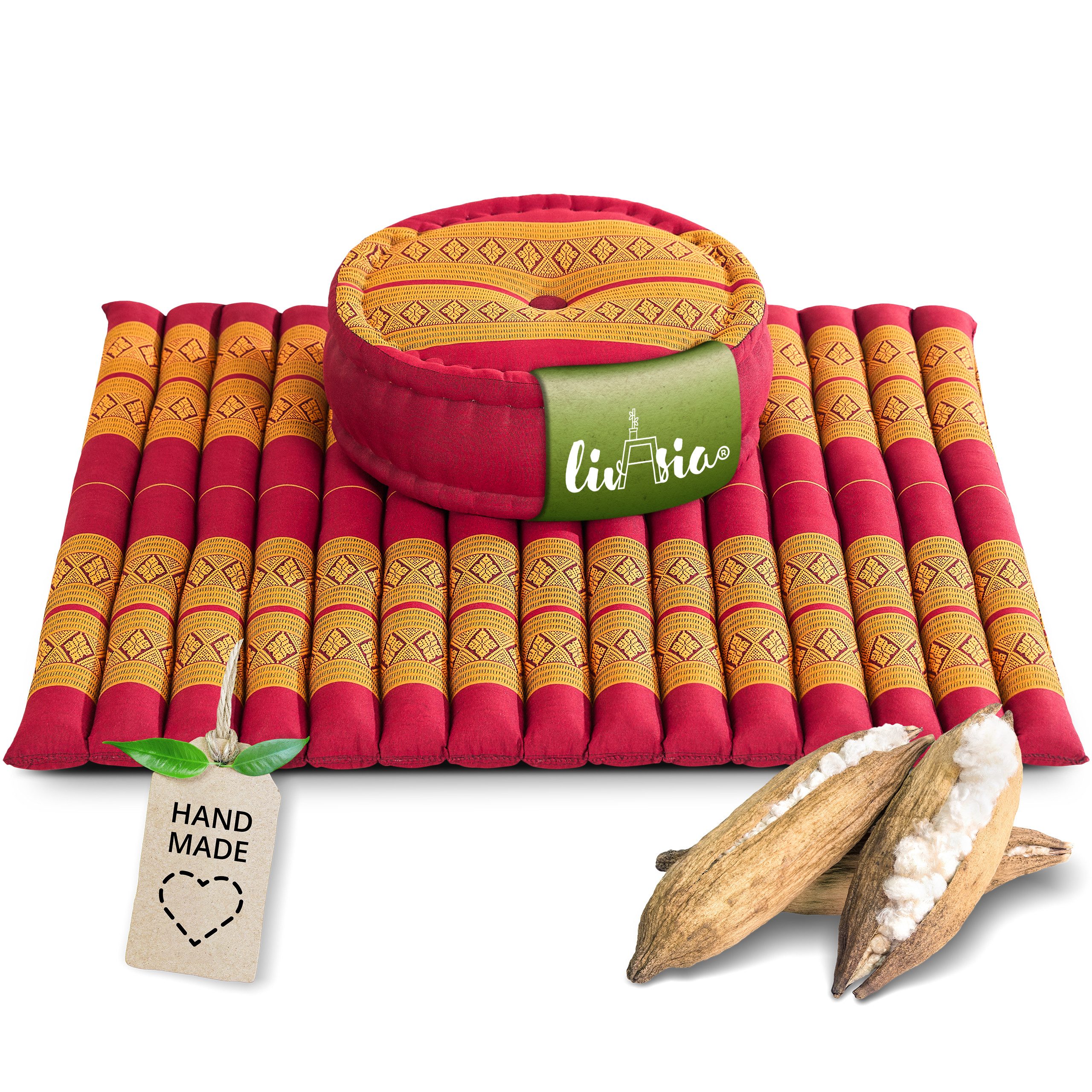 livasia Meditationskissen Yogakissen Set XL - Zafu Ø 38x15cm / Matte 75x75x4,5cm, Kapok, vegan, handgefertigt