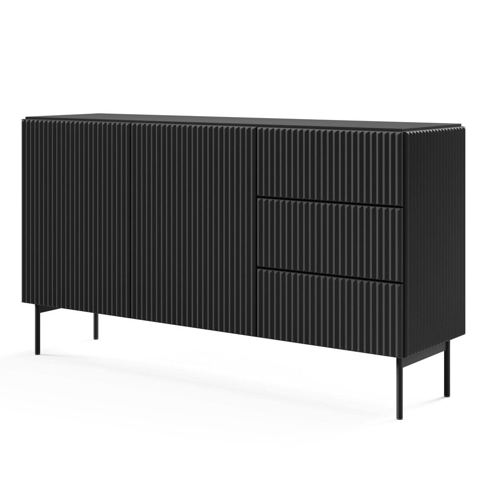 Lomadox Sideboard MASSA-167, schwarz mit Rillen, 2 Türen, 3 Schubladen, Metallfüße