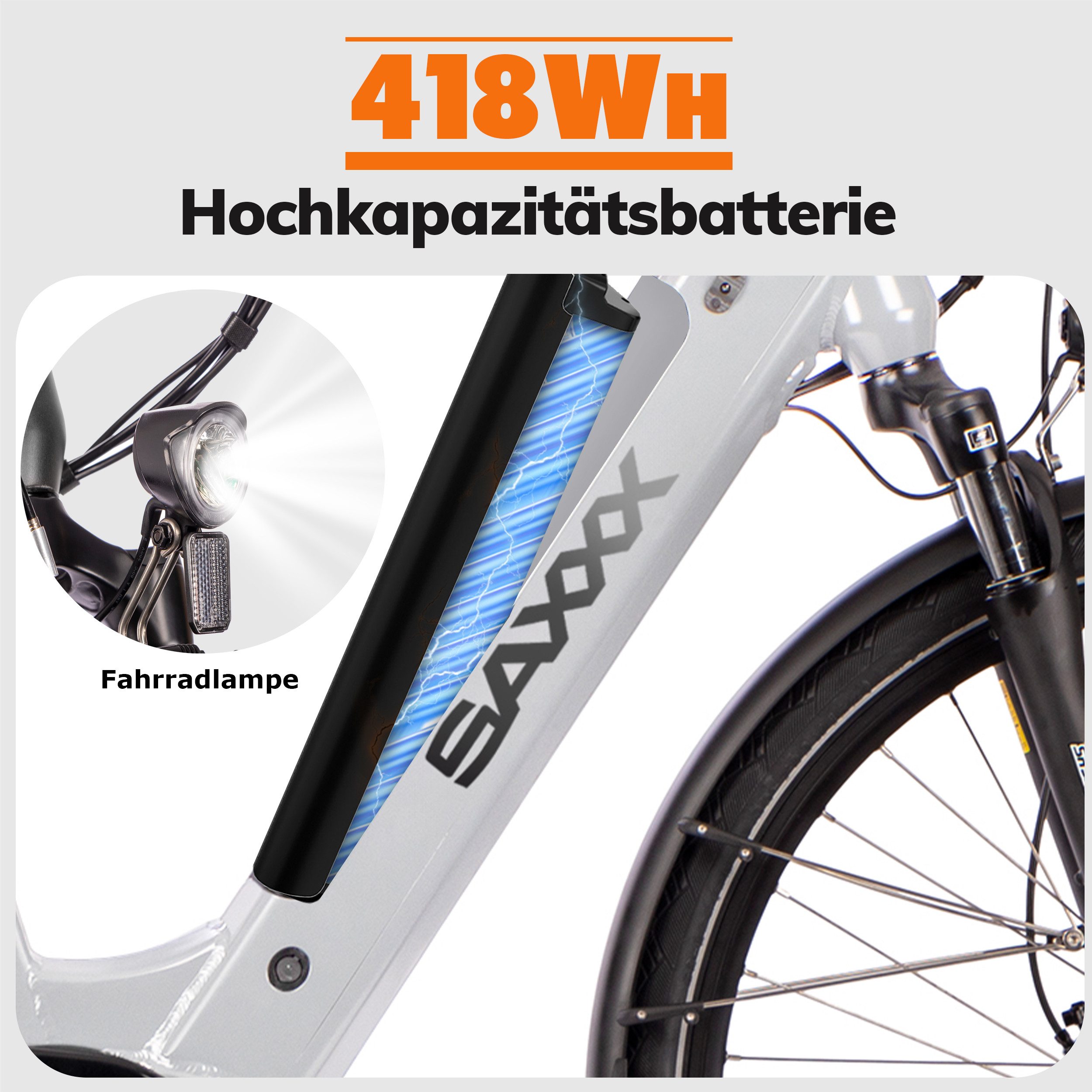 SAXXX E-Bike Trekkingrad Damen u. Herren 28'' SAXXX DSW, 418Wh, 250W Mittelmotor, max. 100km, 9 Gang Shimano Alivio Schaltwerk, Kettenschaltung, Mittelmotor, 418 Wh, (mit Akku-Ladegerät, mit Akku-Schlüssel, mit Rahmenschloss), Federgabel, Gepäckträger, hydraulische Scheibenbremsen, E-Trekkingrad