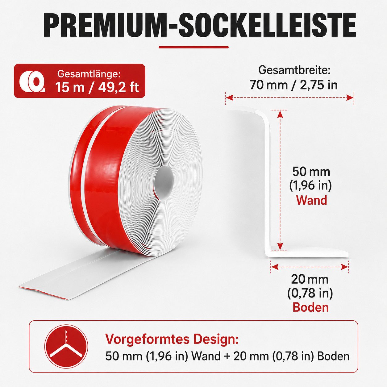 BlingBin Sockelleiste Weichsockelleiste selbstklebend, 15 m, 70 mm, Knickleiste zuschneidbar, L: 150 cm, H: 7 cm, 1er Set, 1-St., 1tlg, 15 m, 70 (50+20)mm, flexible Fußleiste zum Zuschneiden für Wand und Boden
