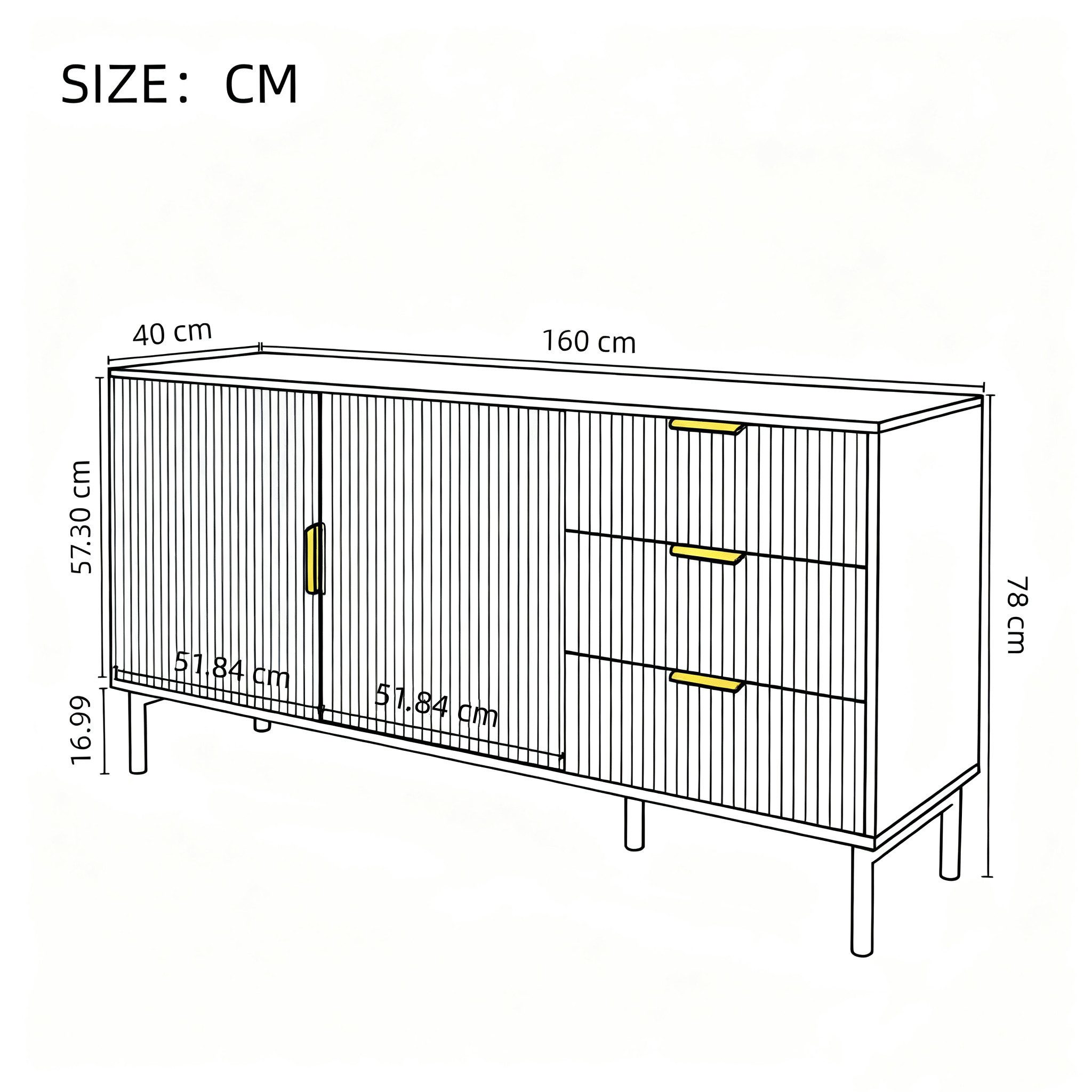 Gotagee Anrichte Doppeltür 3-Schubladen Schrank Wohnzimmerschrank Küchenschränke, 160x40x78 cm; Mit Metallfüße; dreifache Gleitschiene