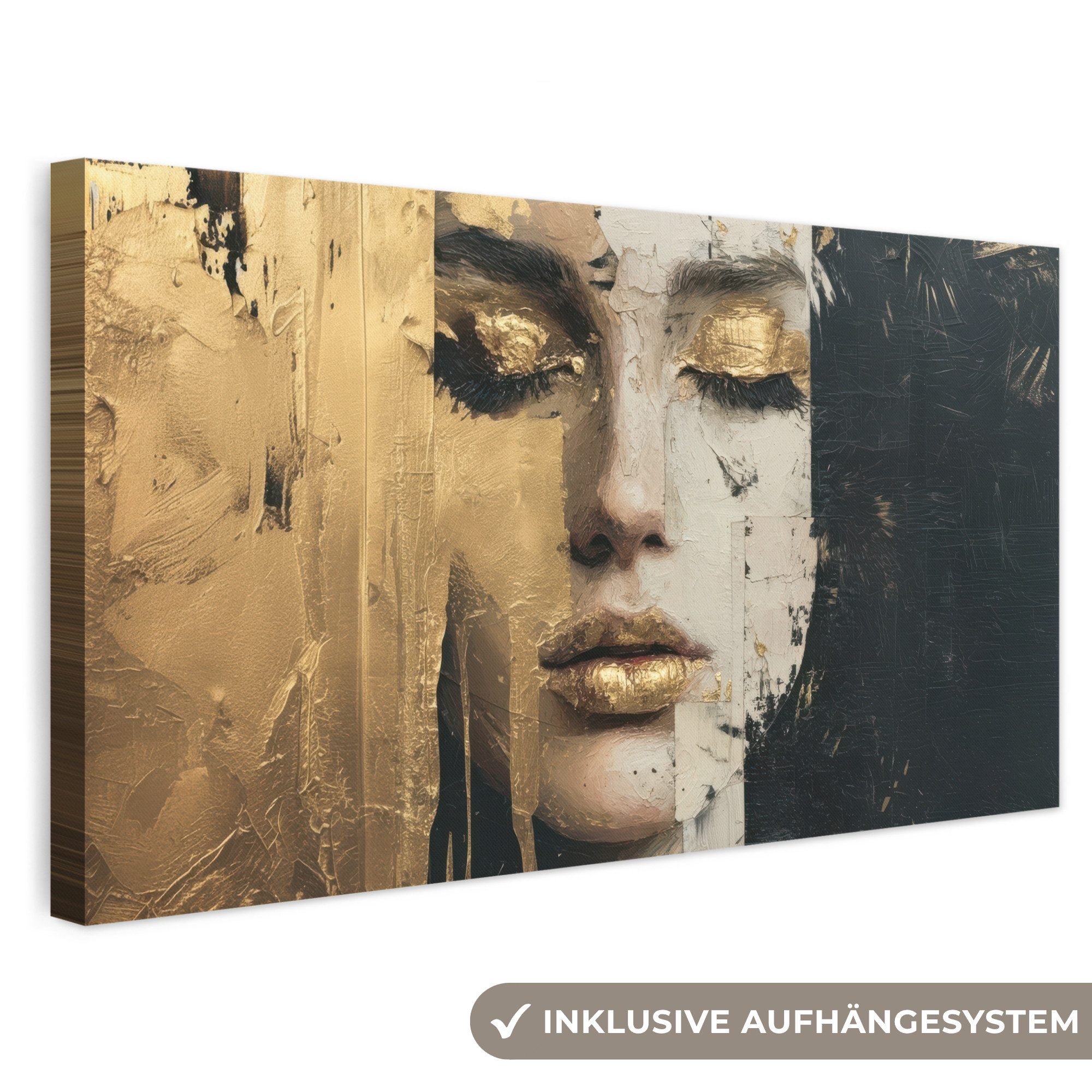 OneMillionCanvasses® Leinwandbild Panorama Abstrakt - Gold - Gesicht - Lippen, Fotodruck (1 St), Wandbild, Deko Schlafzimmer Wohnzimmer Flur 40x20 cm