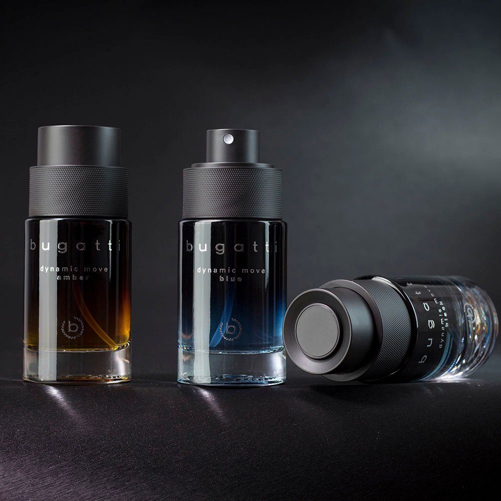 bugatti Eau de Toilette Dynamic Move Blue EdT 100ml, Zitrischer Herrenduft mit Muskatnuss, aquatischer Note und Amber.