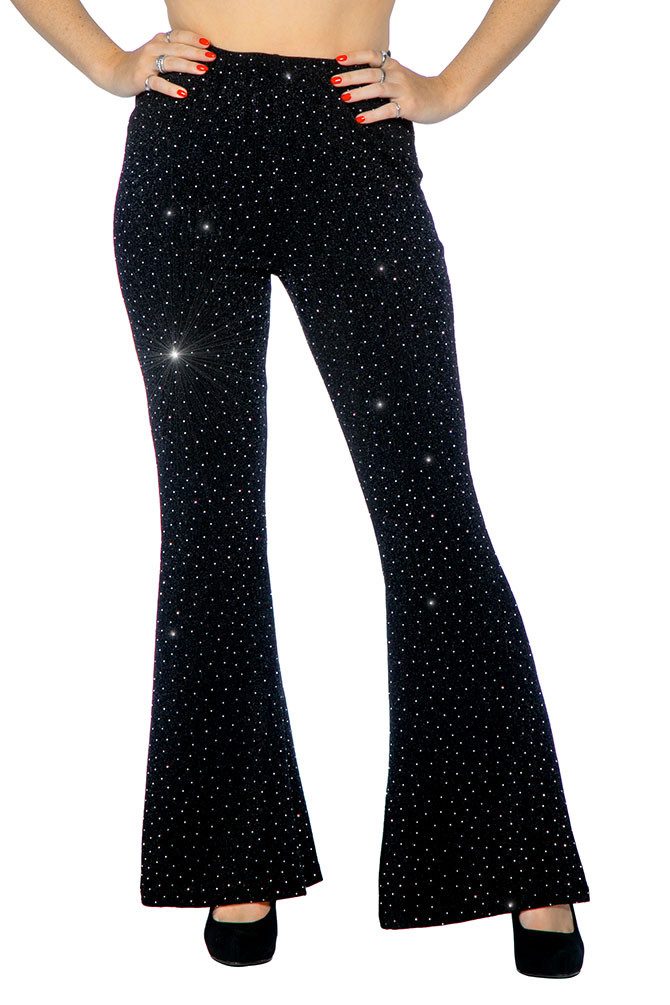 Karneval-Klamotten Kostüm Disco Damen Party Glitzer Schlaghose schwarz, Party Hose elegant auffällig für Motto Party Feier Silvester Karneval
