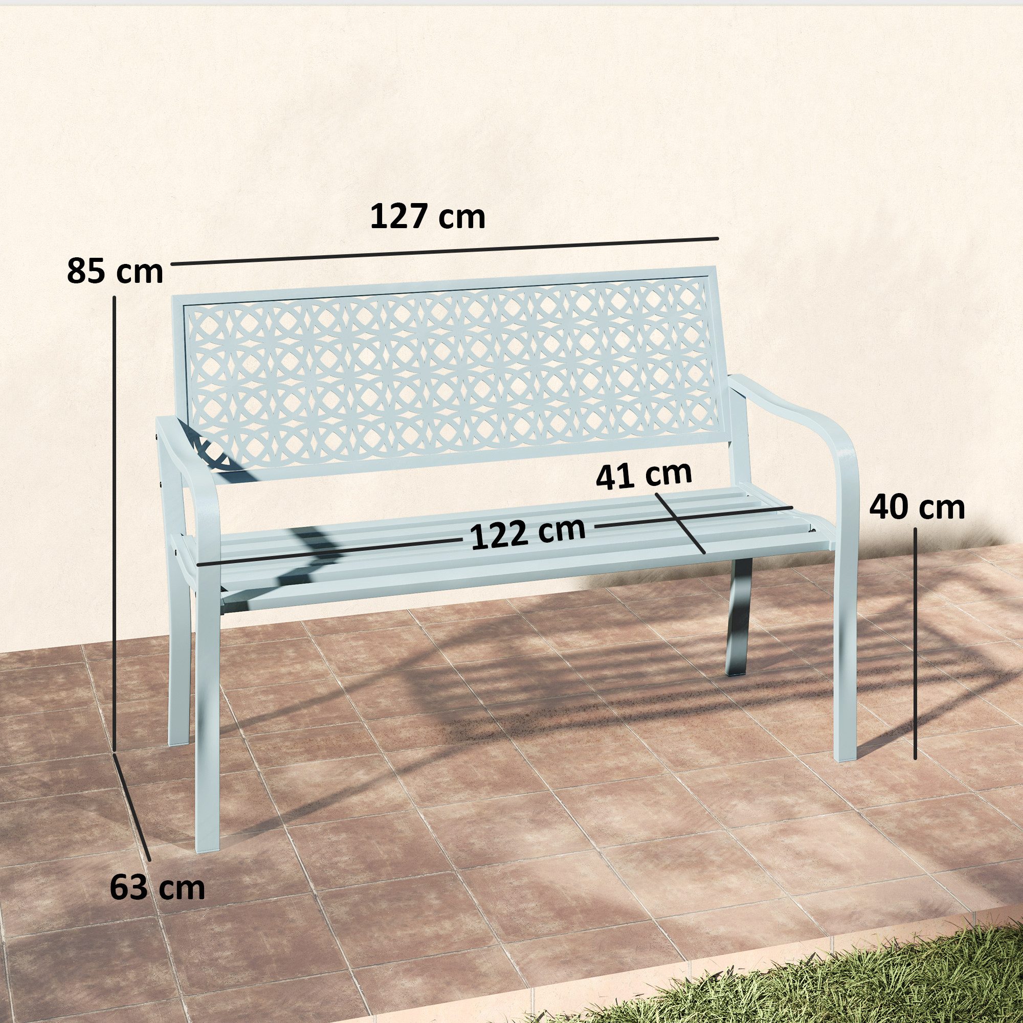 Outsunny Gartenbank 2-Sitzer, wetterfest, mit Rücken- & Armlehnen, 240kg belastbar (Sitzbank, 1-St., Gartenmöbel), für Balkon Terrasse, Garten, 127 x 63 x 85cm, Blau