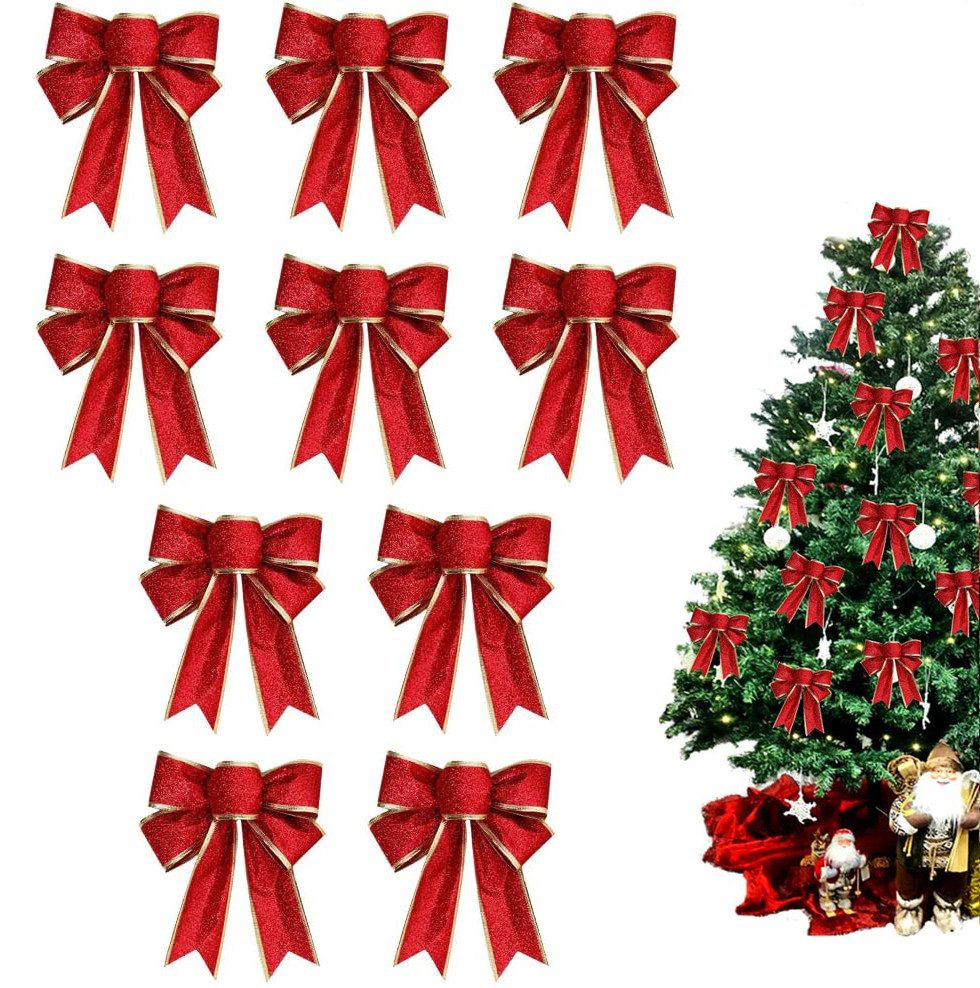 Bomiclss Weihnachtsbaumschleife 10er Set Glitzer Weihnachts Schleifen 18×23 cm (1-tlg), Dekoschleifen für Weihnachtsbaum, Geschenke & Party Deko