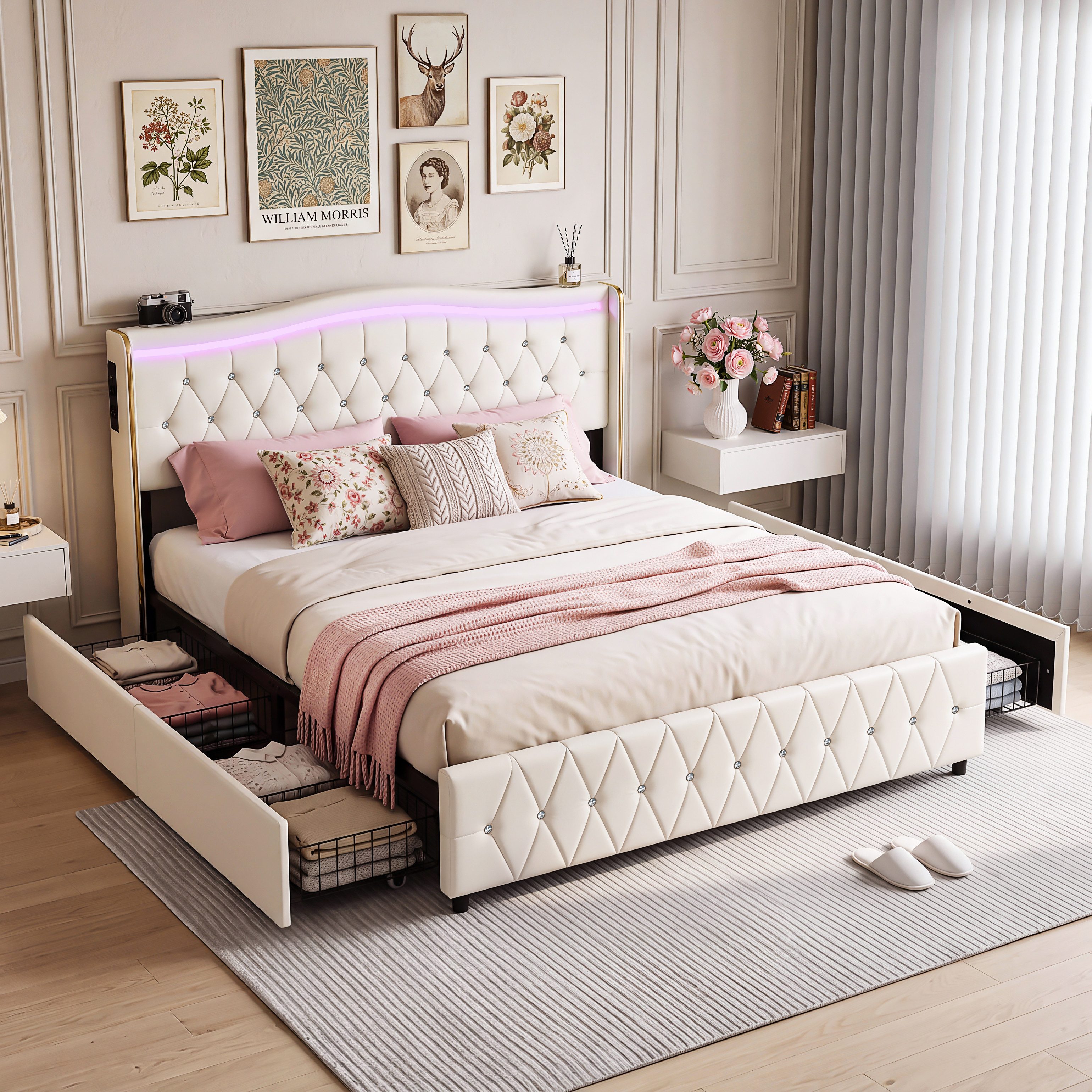 oyajia Polsterbett LED Doppelbett Stauraumbett mit Kopfteil und 4 Schubladen (Mit Lattenrost und Ladefunktion, PU-Leder materia Polsterbett), mit Komforthöhe, Leises Design Bett