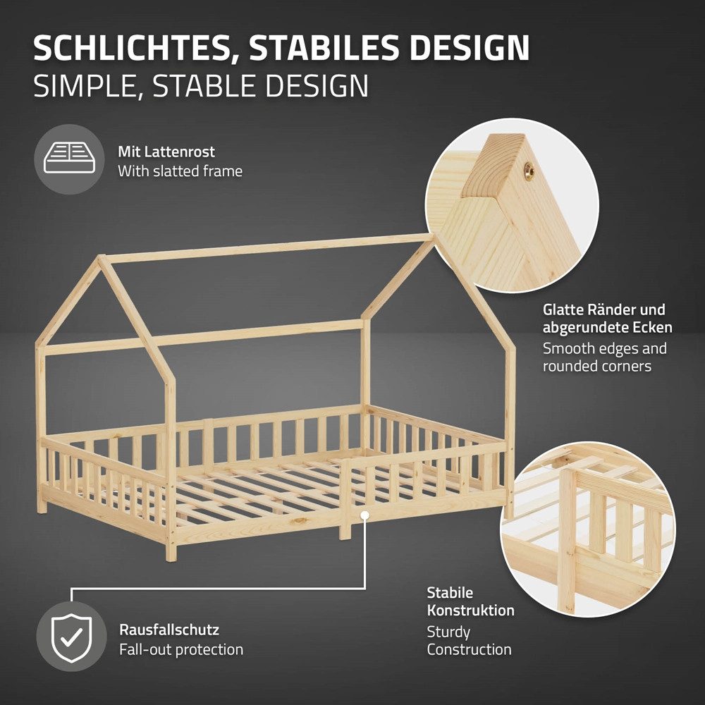 ML-DESIGN Spielbett Hausbett Kinderbett inkl. Lattenrost kreativ Bodenbett für Kinder, Abenteuerbett zum Spielen mit Rausfallschutz Kiefer Natur Himmelbett