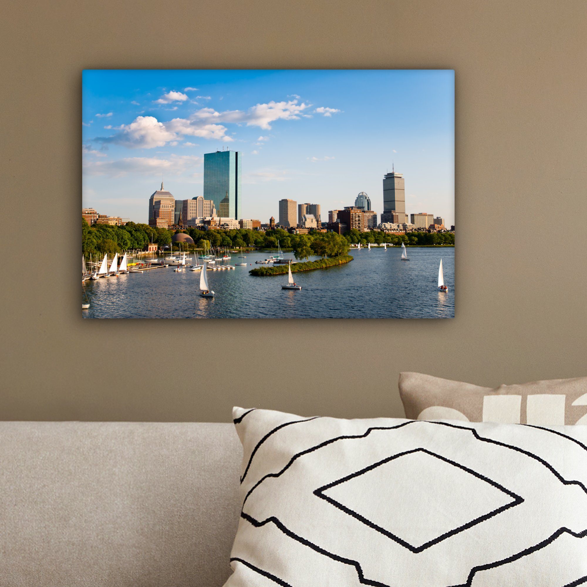 Luft Aufhängefertig, 30x20 Boston - OneMillionCanvasses® Leinwandbilder, - St), Leinwandbild (1 Wanddeko, cm Stadt, Wandbild
