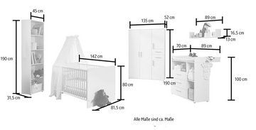 BMG Möbel Babyzimmer-Komplettset Lea, (Set, 5-St., Bett, Wickelkommode, Schrank, Standregal, Wandboard), Bett + Wickelkommode + 4-trg. Schrank + Standregal + Wandboard