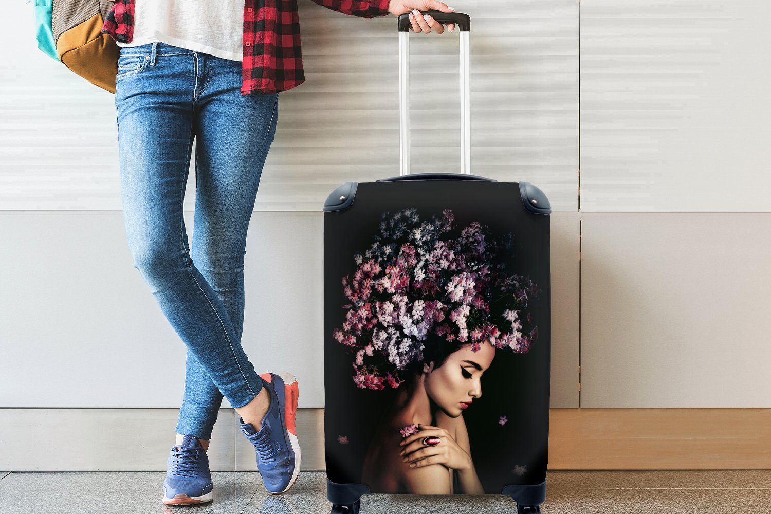 MuchoWow Handgepäckkoffer Blossom - Frau - 4 Reisetasche Luxus, Handgepäck Reisekoffer - für mit rollen, Trolley, Rosa Rollen, Ferien