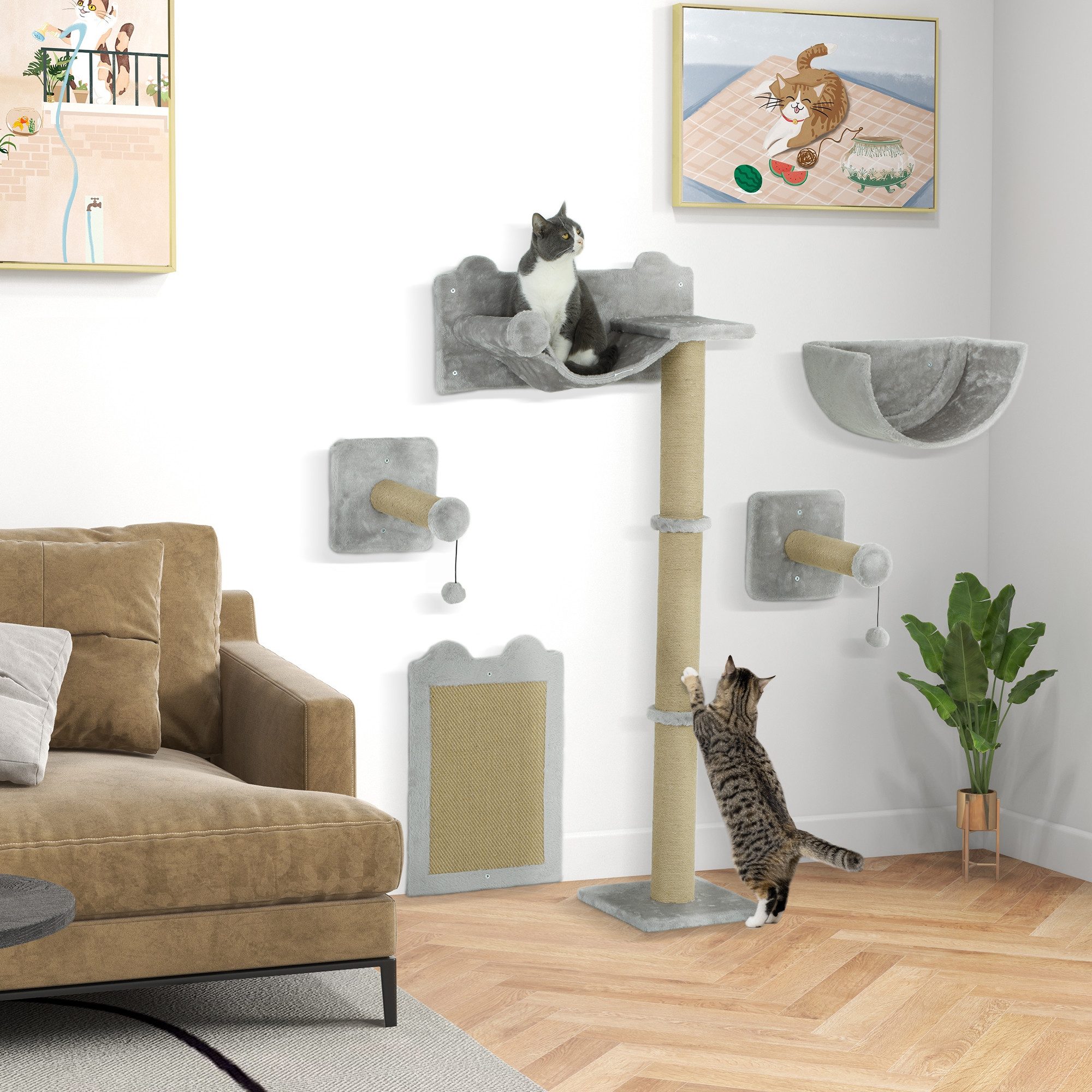 PawHut Katzen-Kletterwand 5 tlg. mit Kratzpfosten, Hängematte, Sprungplatt, günstig online kaufen