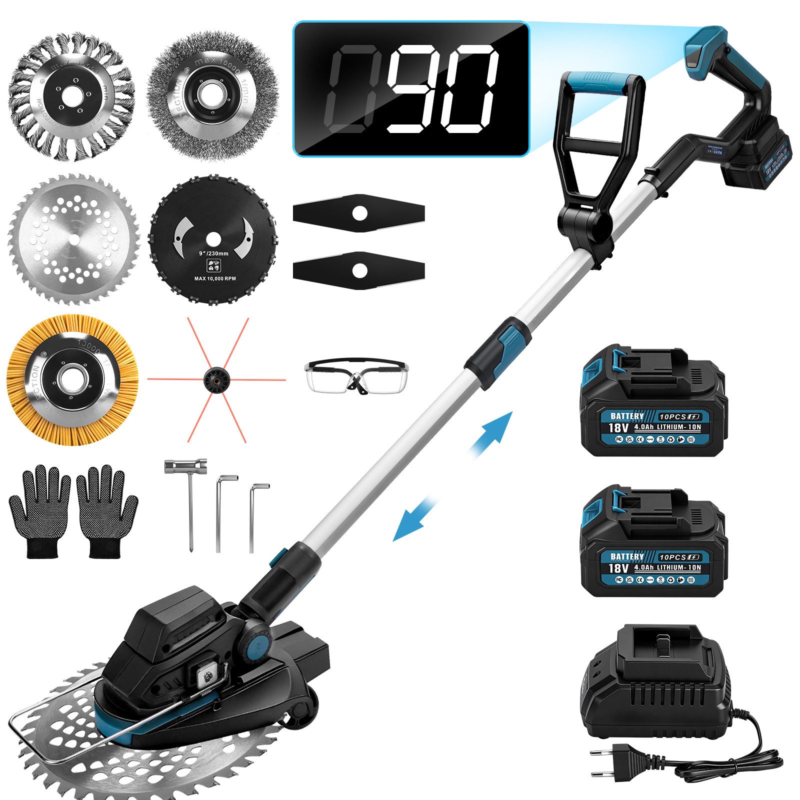 XERSEK Akku-Rasentrimmer 1200W Freischneider mit Teleskop-Stiel Räder, Grastrimmer Motorsense, 25 cm Arbeitsbreite Messer, (19tlg-inkl.2*4.0AH-Akkus, Bürstenloser Motor, 16800U/min, L100-140cm), 2*4.0AH-Akkus Bürstenloser Motor 16800U/min Rasenmäher f. Rasen Garten