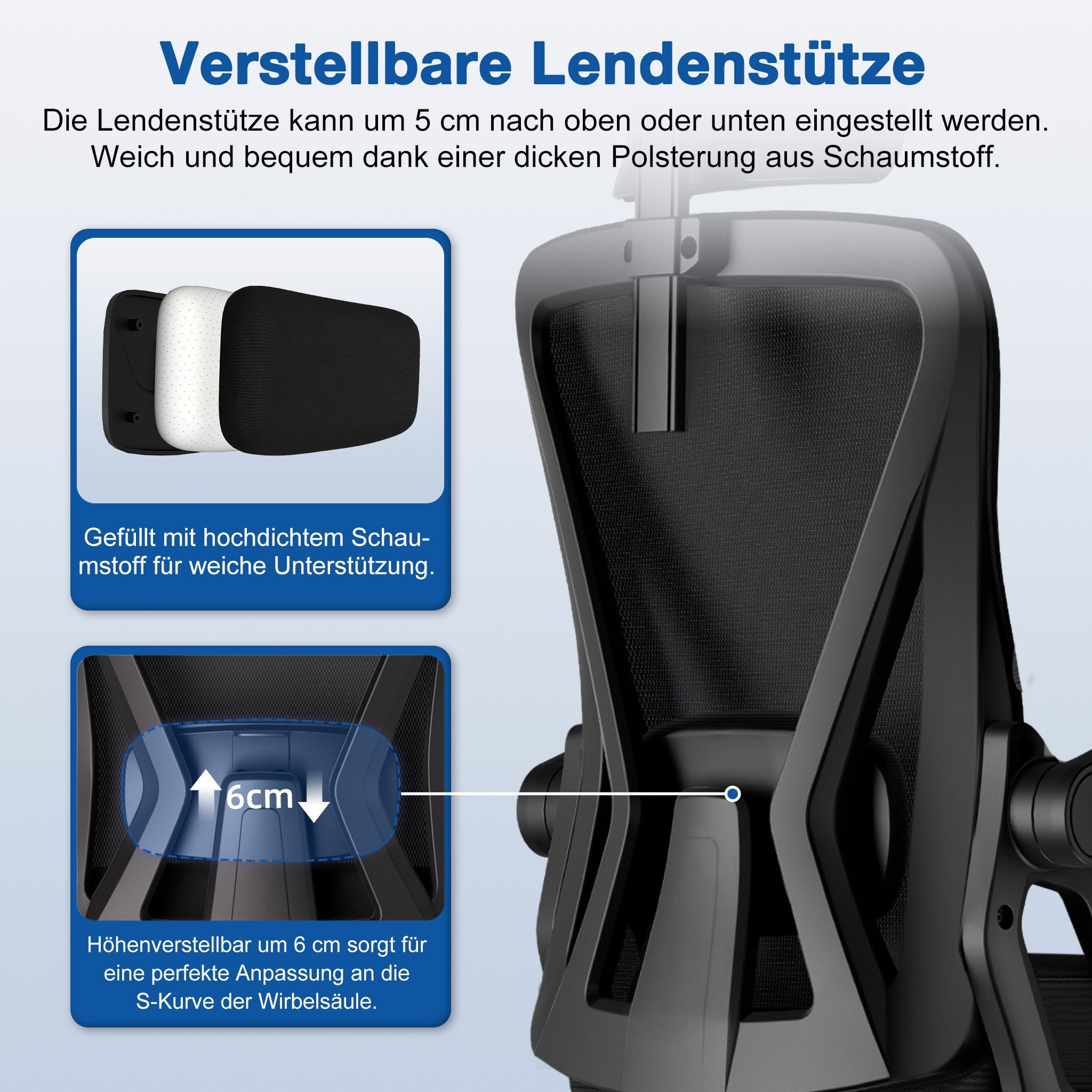 Adormii Bürostuhl Ergonomischer Bürostuhl mit klappbaren Armlehnen und Rückenlehnen (Drehstuhl mit Drehbare, höhenverstellbarer Kopfstütze, geräuscharme Rollen, – Bild 5 von 5