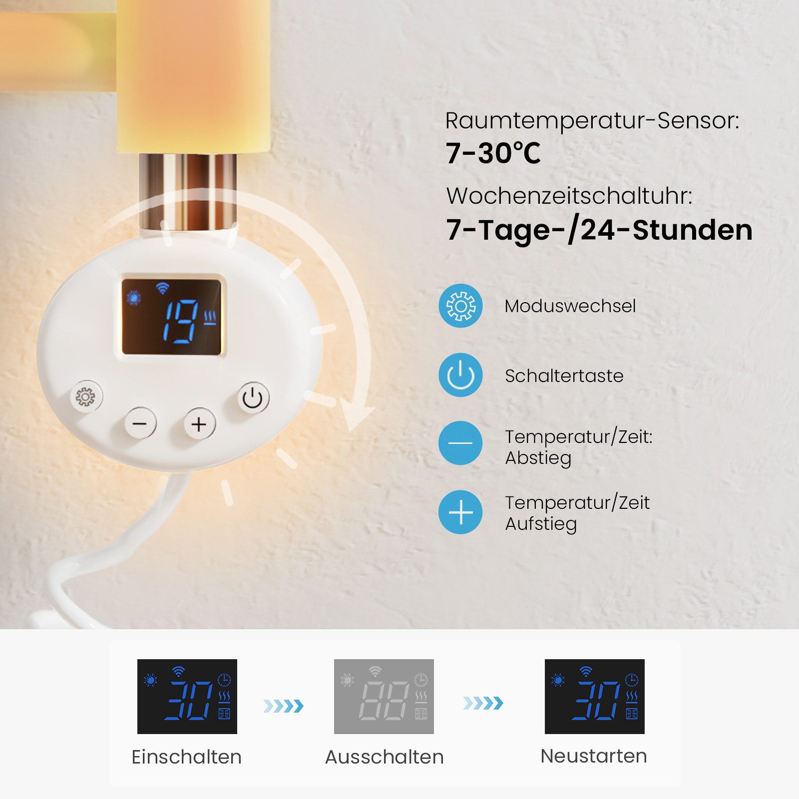 MEYKOERS Heizstab Elektro Heizstab App/WLAN-Steuerung für Badheizkörper Weiß 300W-1200W