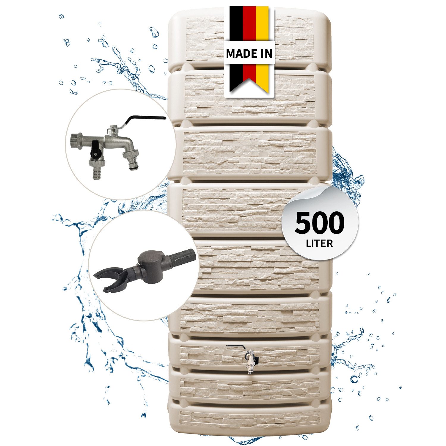 4rain Regentonne SLIM STONE DECOR Regentonne Wandtank Komplett-Set 500 L, sandbeige, 500 l