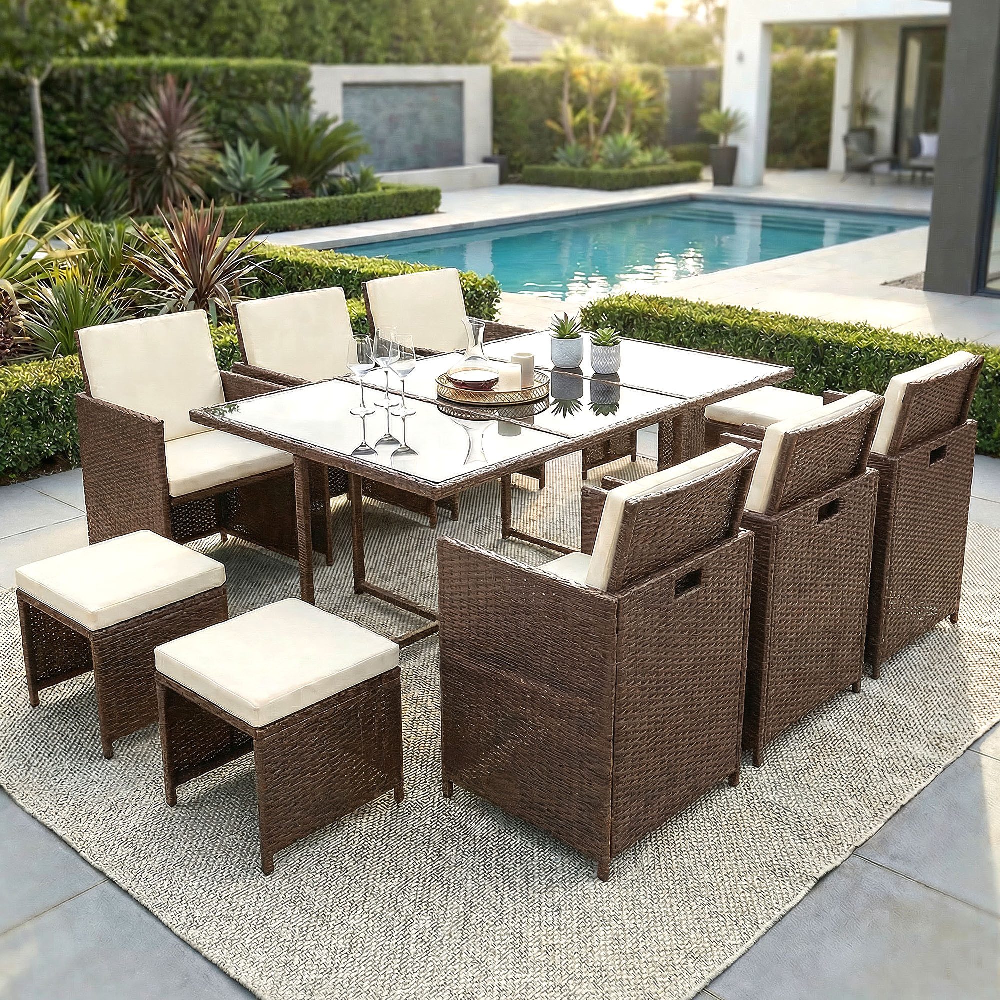 Swing&Harmonie Garten-Essgruppe Poly Rattan Sitzgruppe Esstisch Lounge Gartenmöbel, (Sitzgarnitur, Tisch, Stühle, Hocker Garnitur Set)